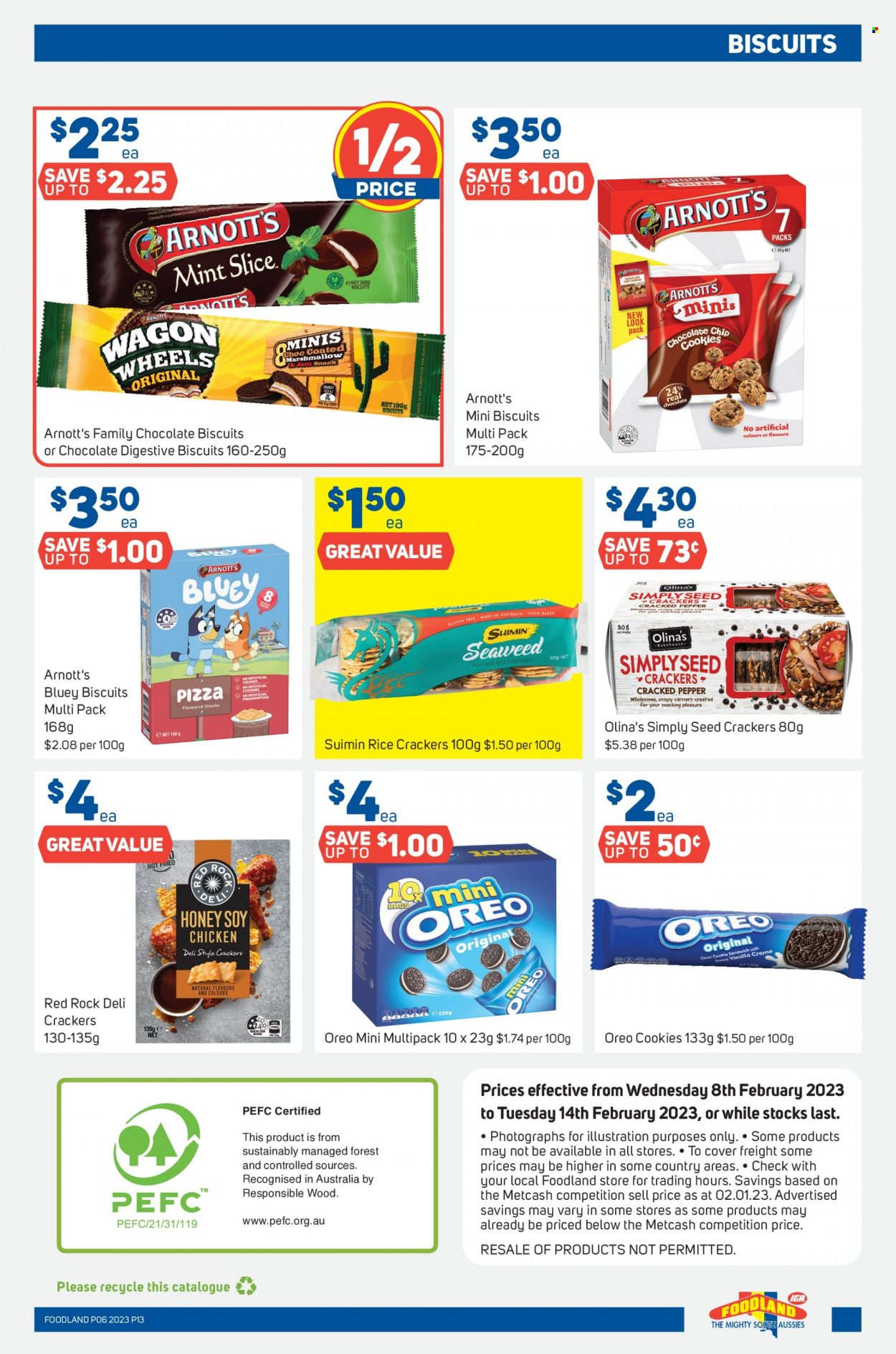 thumbnail - Foodland Catalogue - 8 Feb 2023 - 14 Feb 2023 - Sales products - Oreo, cookies, chocolate, crackers, biscuit, Digestive, rice crackers. Page 13.