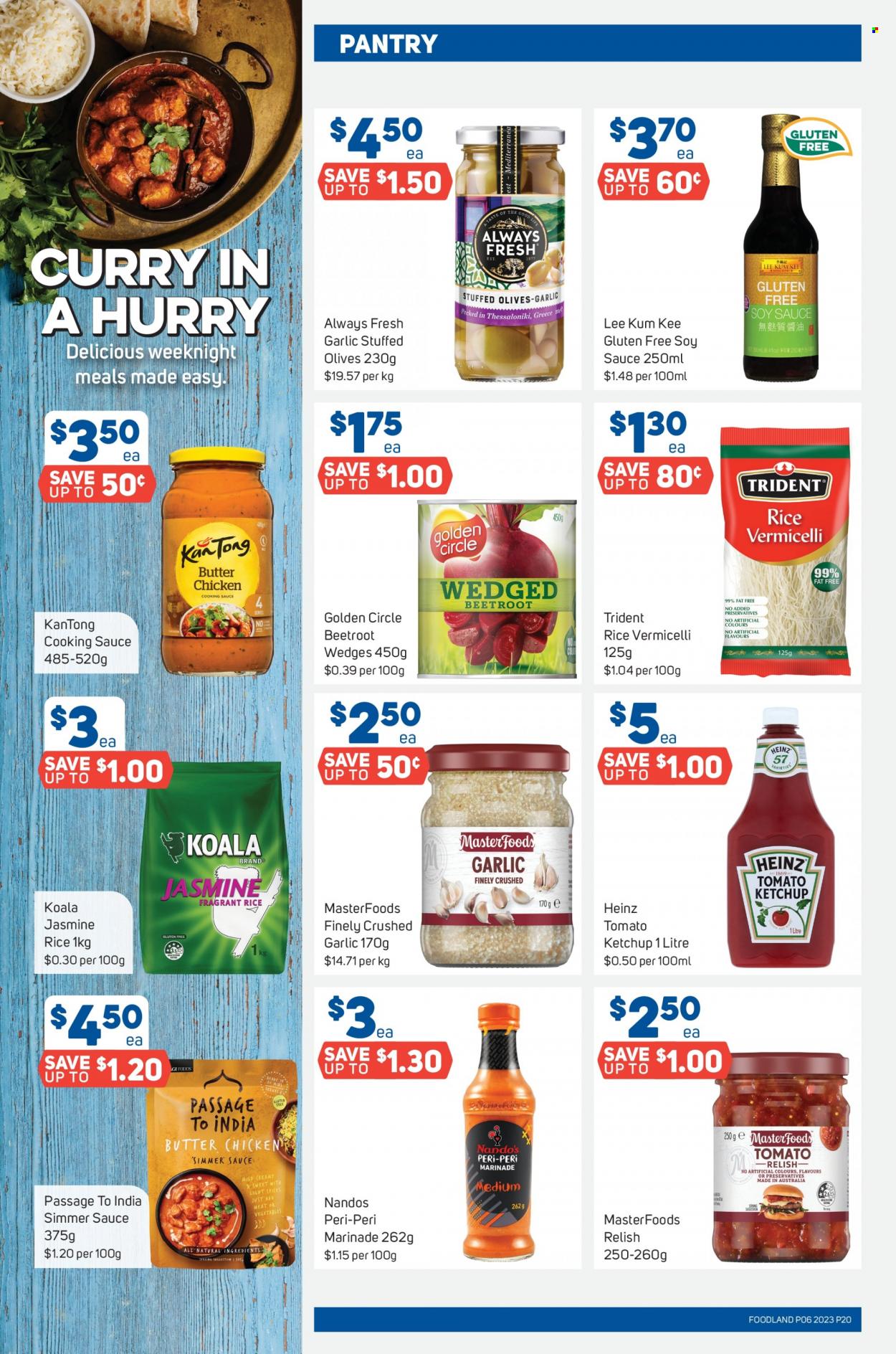 thumbnail - Foodland Catalogue - 8 Feb 2023 - 14 Feb 2023 - Sales products - garlic, Trident, Heinz, olives, rice, rice vermicelli, Good Life, soy sauce, ketchup, marinade, Lee Kum Kee. Page 20.
