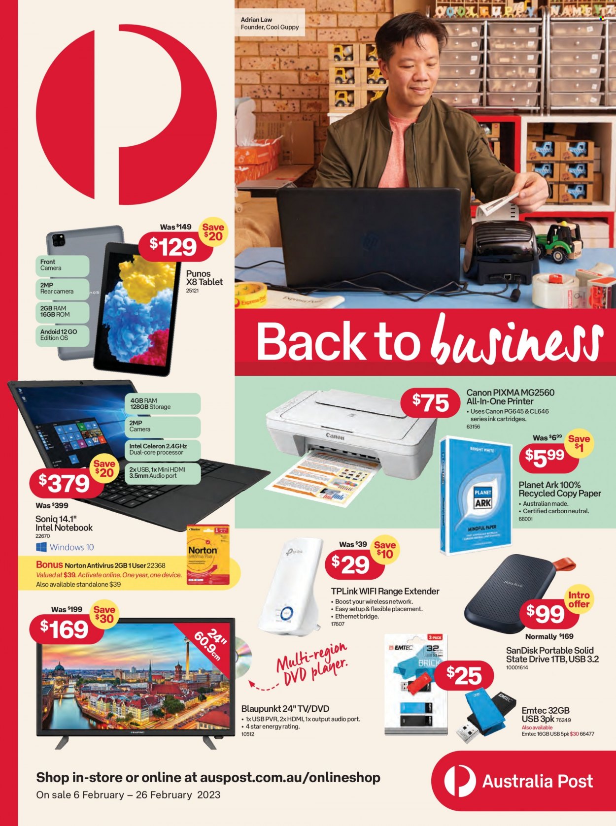 thumbnail - Australia Post Catalogue - 6 Feb 2023 - 26 Feb 2023 - Sales products - tablet, range extender, Sandisk, laptop, Intel, Canon, TV, dvd player, all-in-one printer, printer. Page 1.