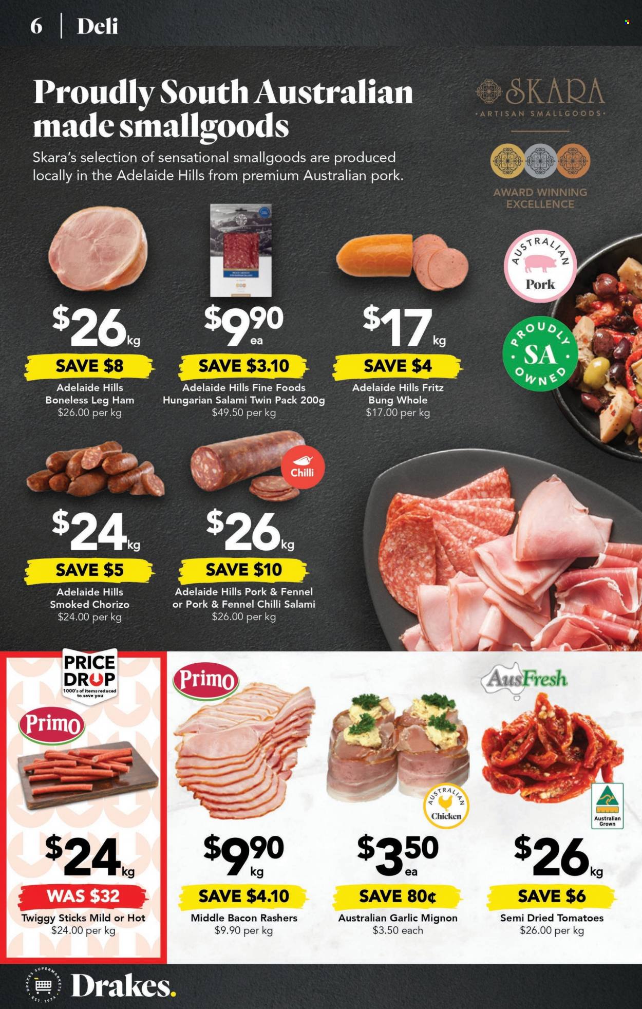 thumbnail - Drakes Catalogue - 8 Feb 2023 - 14 Feb 2023 - Sales products - garlic, bacon, salami, ham, chorizo, leg ham, Hill's. Page 6.