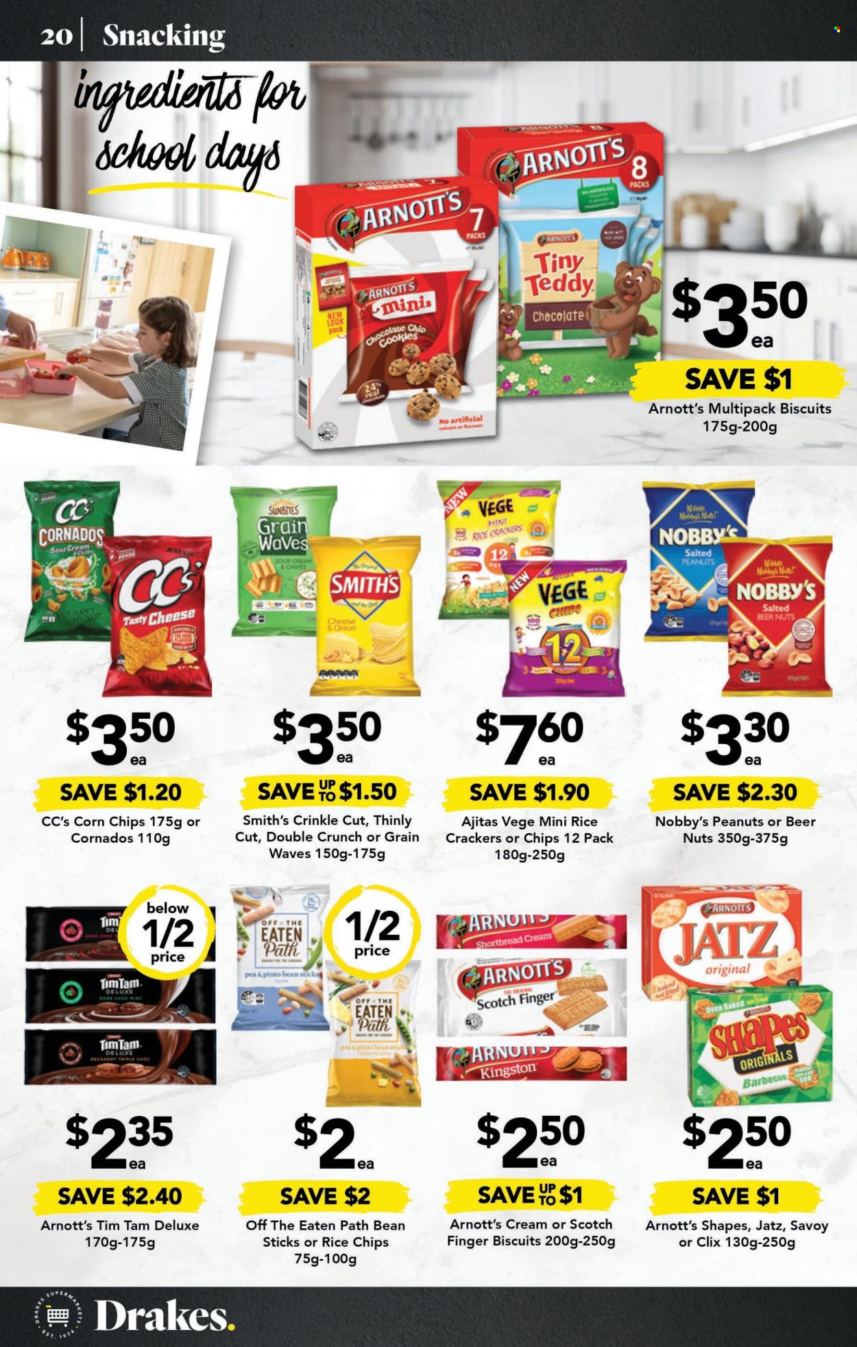 thumbnail - Drakes Catalogue - 8 Feb 2023 - 14 Feb 2023 - Sales products - chives, cookies, crackers, Tim Tam, biscuit, chips, Smith's, corn chips, Sunbites, rice crackers, peanuts, beer, teddy. Page 22.