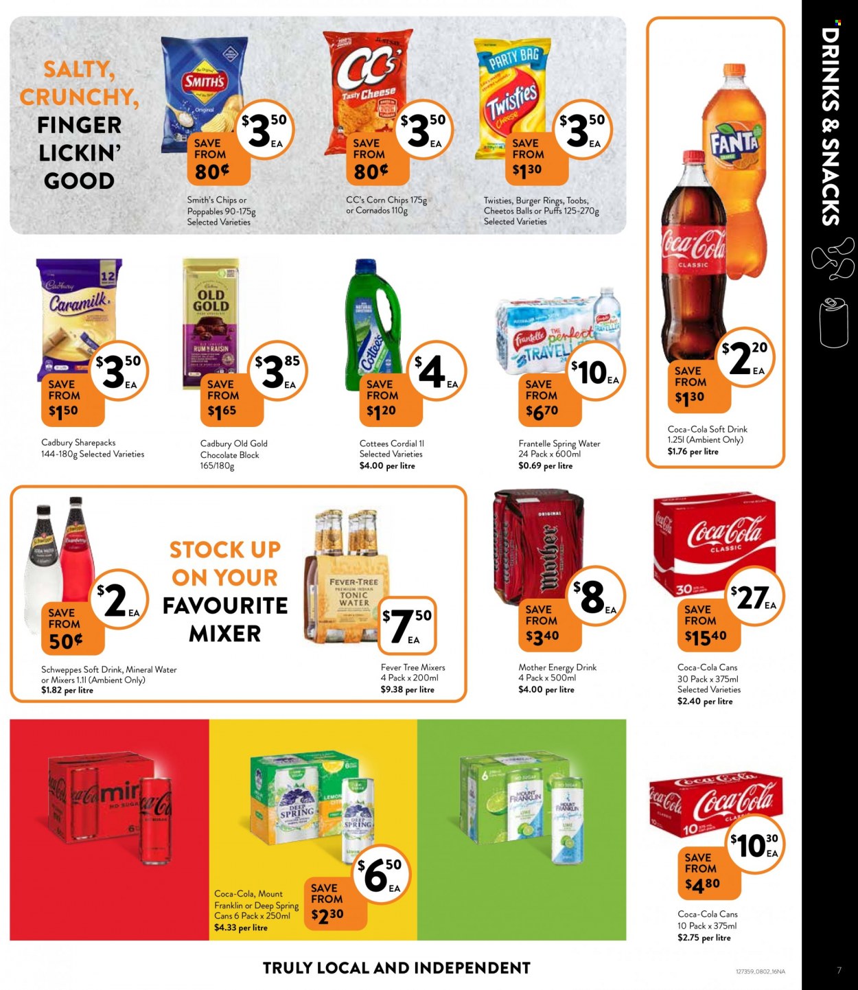 thumbnail - Foodworks Catalogue - 8 Feb 2023 - 14 Feb 2023 - Sales products - puffs, hamburger, cheese, chocolate, Cadbury, Cheetos, chips, Smith's, corn chips, Coca-Cola, Schweppes, energy drink, Fanta, tonic, soft drink, mineral water, spring water, rum, TRULY. Page 7.