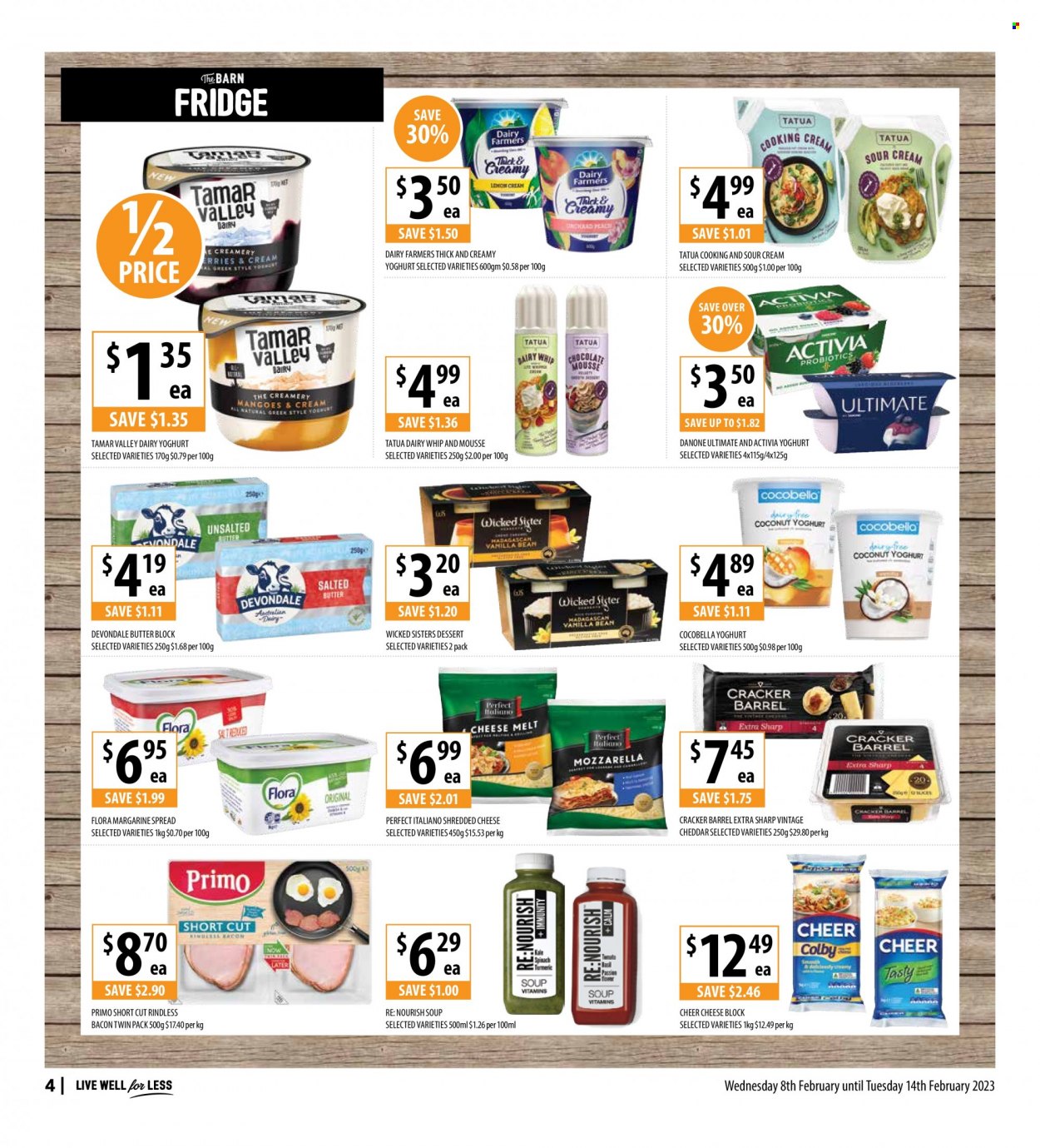 thumbnail - Supabarn Catalogue - 8 Feb 2023 - 14 Feb 2023 - Sales products - soup, bacon, shredded cheese, cheddar, yoghurt, Danone, Activia, butter, margarine, Flora, crackers. Page 4.