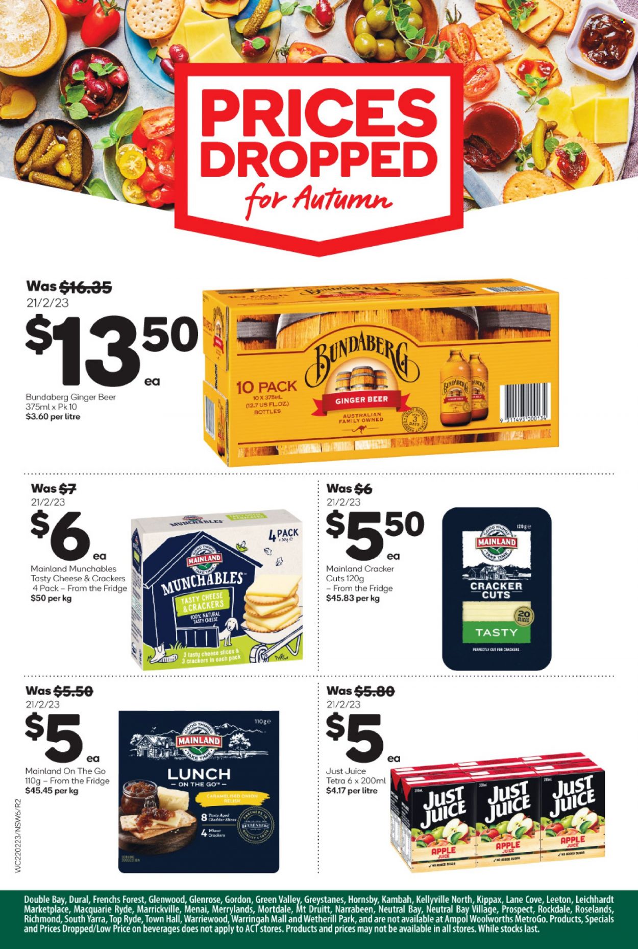 thumbnail - Woolworths Catalogue - 22 Feb 2023 - 23 May 2023 - Sales products - sliced cheese, cheddar, crackers, apple juice, juice, Bundaberg, beer, ginger beer. Page 6.