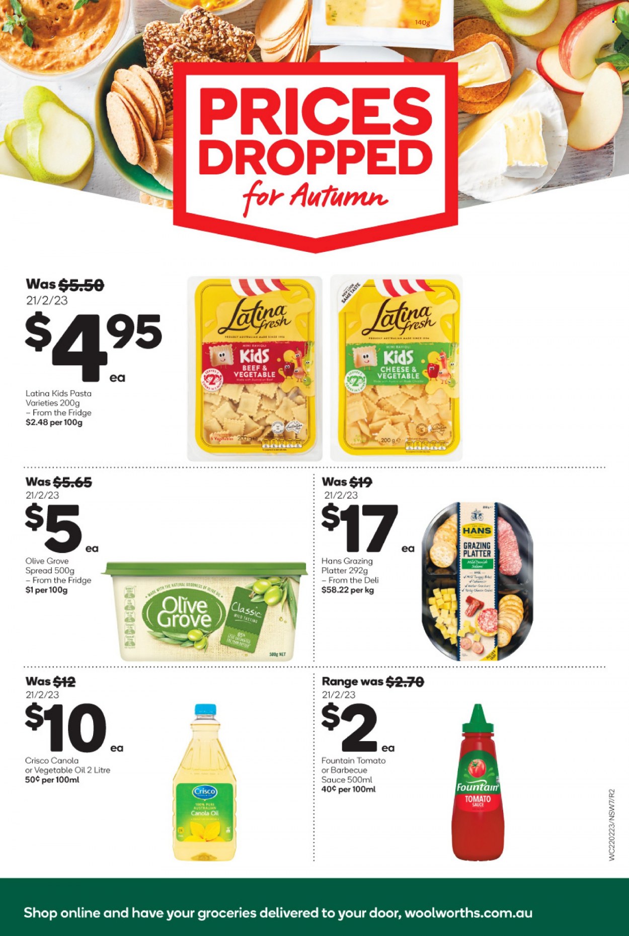 thumbnail - Woolworths Catalogue - 22 Feb 2023 - 23 May 2023 - Sales products - ravioli, pasta, sauce, Crisco, tomato sauce, BBQ sauce, canola oil, oil. Page 7.