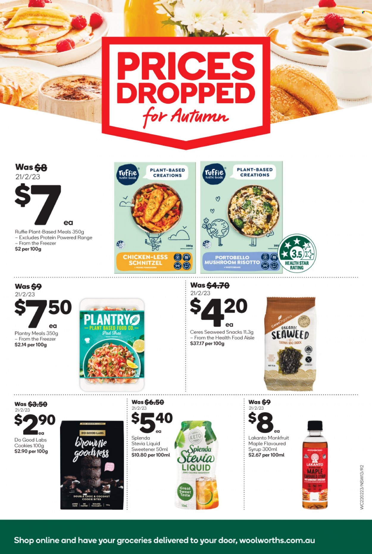 thumbnail - Woolworths Catalogue - 22 Feb 2023 - 23 May 2023 - Sales products - portobello mushrooms, mushrooms, brownies, beans, risotto, schnitzel, cookies, snack, stevia, sweetener, penne, syrup, Cerés. Page 13.