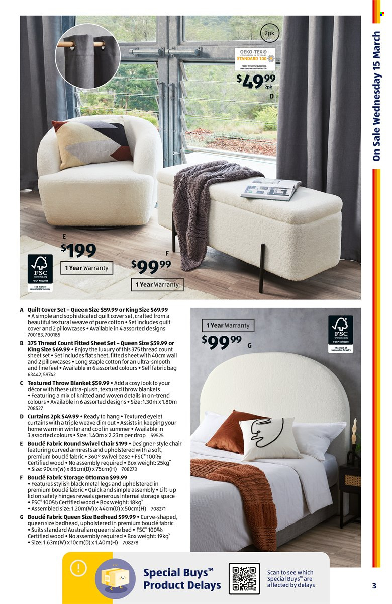 ALDI Catalogue - 15 Mar 2023 - 21 Mar 2023 - Sales products - bag, lid, blanket, pillowcases, quilt, curtains, quilt cover set, chair. Page 3.