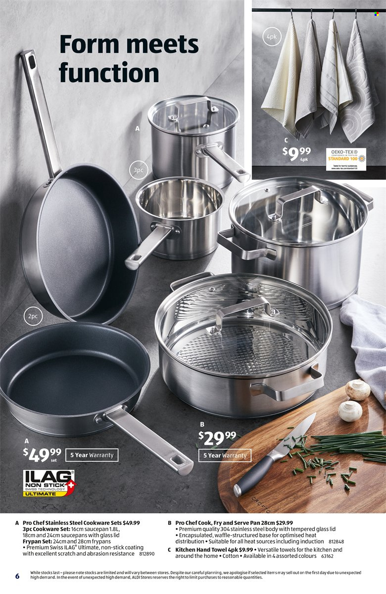ALDI Catalogue - 15 Mar 2023 - 21 Mar 2023 - Sales products - cookware set, lid, pan, saucepan, frypan, towel, hand towel. Page 6.