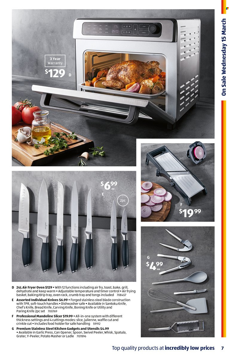 thumbnail - ALDI Catalogue - 15 Mar 2023 - 21 Mar 2023 - Sales products - bread, basket, knife, spatula, spoon, utensils, chef’s knife, slicer, garlic press, peeler, handy grater, tong, grill. Page 7.
