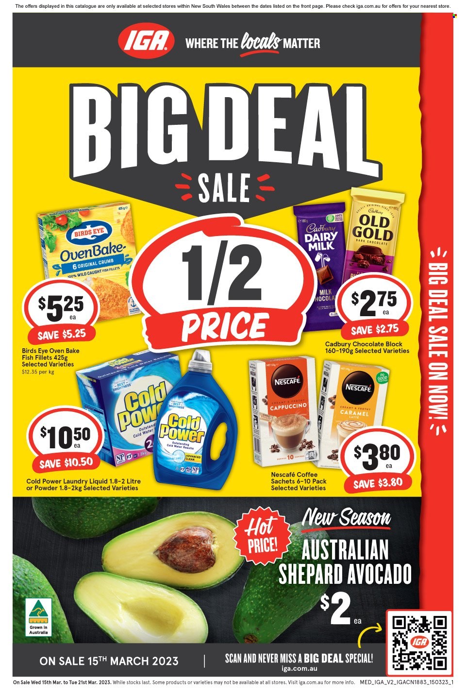 IGA Catalogue - 15 Mar 2023 - 21 Mar 2023 - Sales products - avocado, fish fillets, fish, Bird's Eye, chocolate, dark chocolate, Cadbury, Dairy Milk, water, cappuccino, coffee, Nescafé, laundry detergent. Page 1.