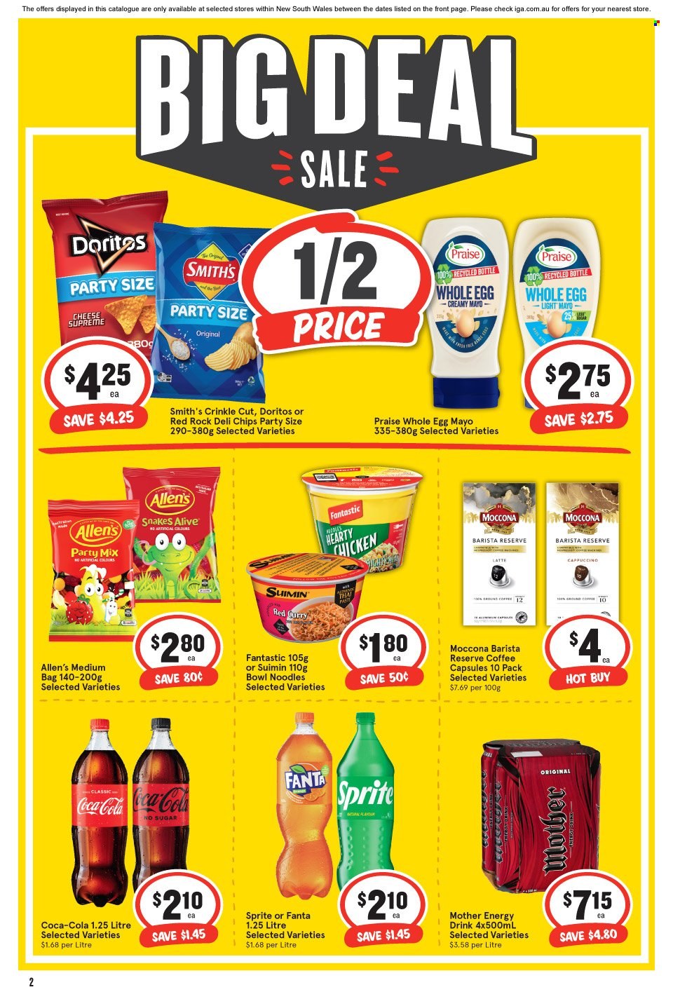 IGA Catalogue - 15 Mar 2023 - 21 Mar 2023 - Sales products - noodles, red curry, cheese, eggs, mayonnaise, Doritos, chips, Smith's, Coca-Cola, Sprite, energy drink, Fanta, cappuccino, coffee, Moccona, coffee capsules, bag, bowl. Page 2.
