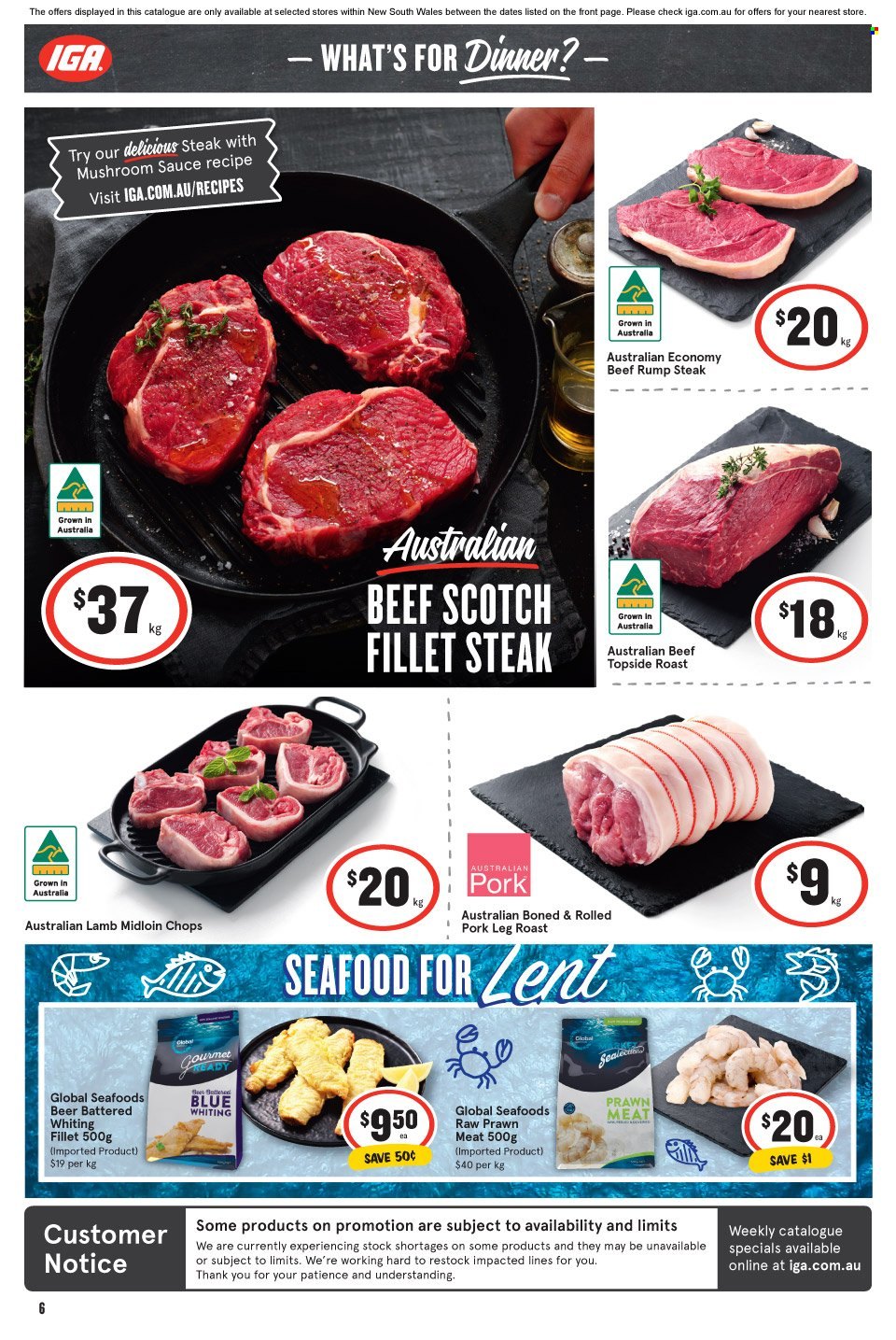 thumbnail - IGA Catalogue - 15 Mar 2023 - 21 Mar 2023 - Sales products - seafood, prawns, whiting, roast, beer, beef meat, steak, rump steak, pork meat, pork leg. Page 6.
