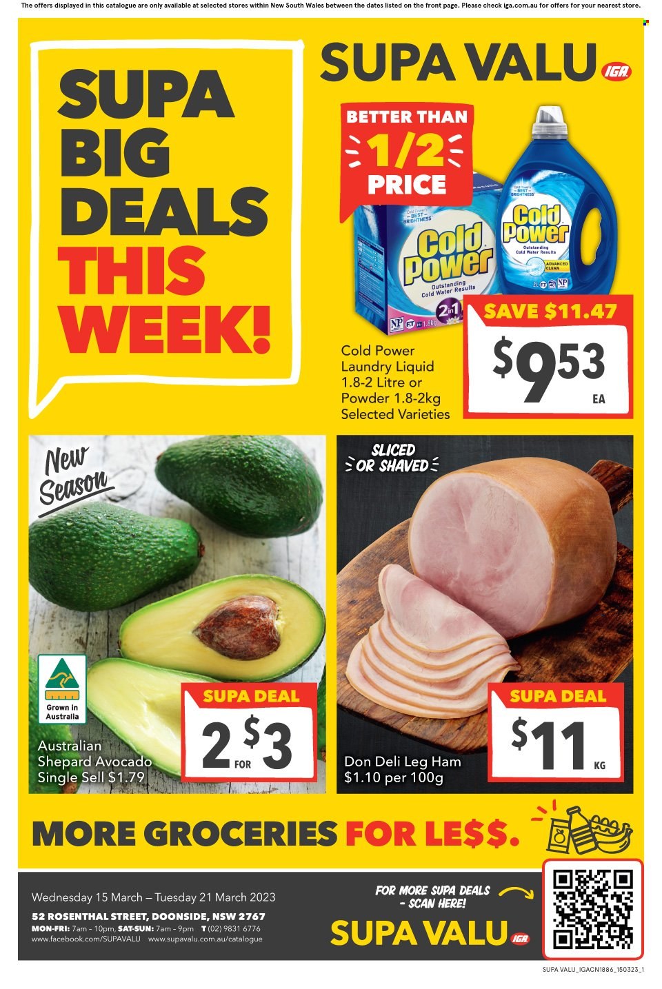 SUPA VALU Catalogue - 15 Mar 2023 - 21 Mar 2023 - Sales products - avocado, ham, leg ham, water, laundry detergent. Page 1.