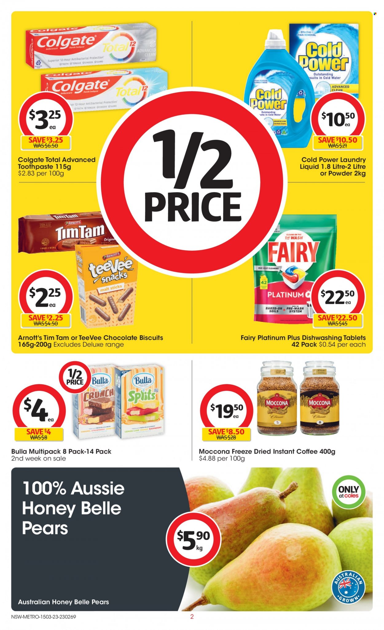 Coles Catalogue - 15 Mar 2023 - 21 Mar 2023 - Sales products - pears, chocolate, snack, Tim Tam, biscuit, malt, honey, water, coffee, instant coffee, Moccona, Fairy, laundry detergent, Colgate, toothpaste, Aussie. Page 2.