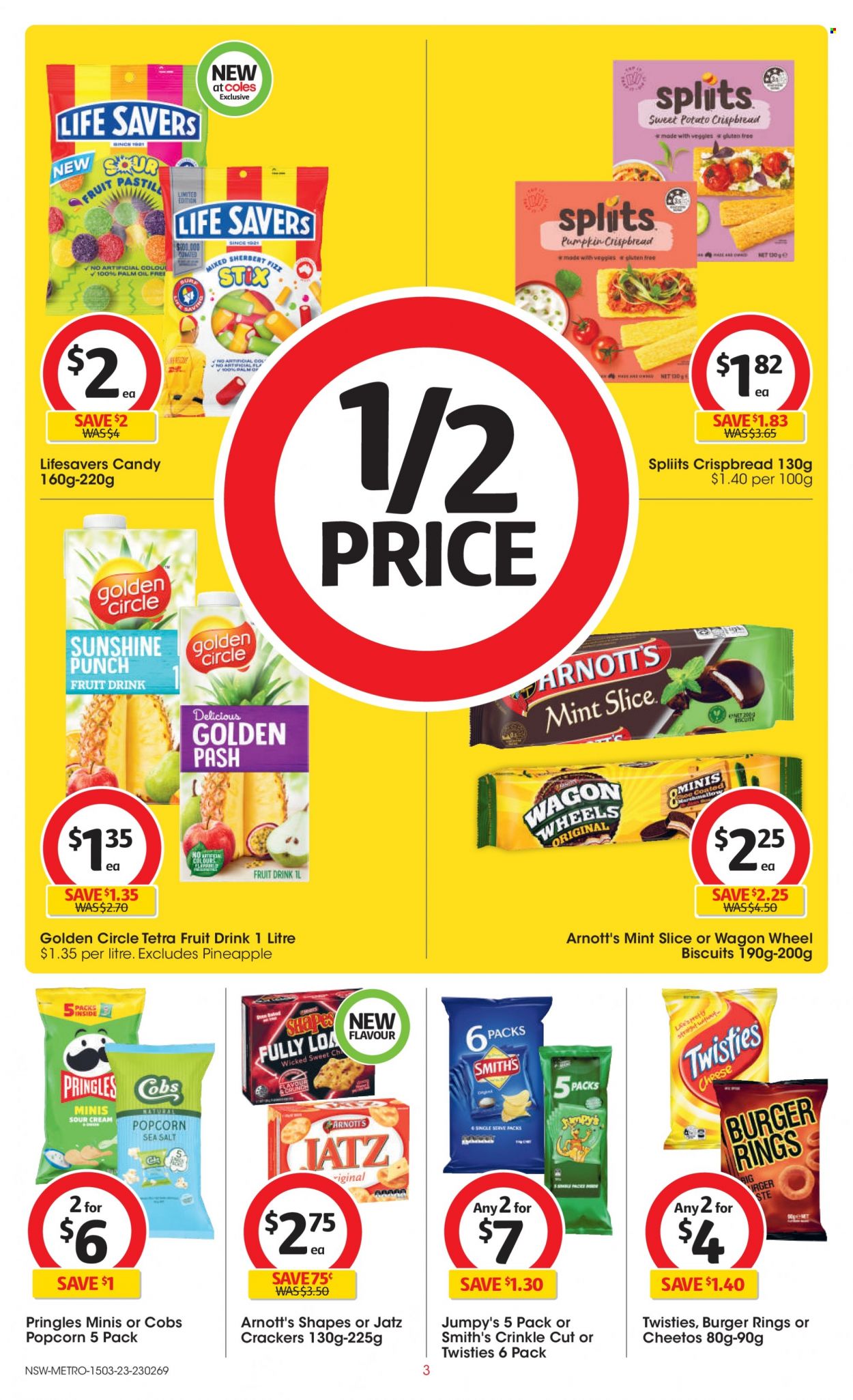 Coles Catalogue - 15 Mar 2023 - 21 Mar 2023 - Sales products - crispbread, sweet potato, pumpkin, pineapple, hamburger, cheese, Sunshine, sour cream, crackers, biscuit, Pringles, Cheetos, Smith's, popcorn, palm oil, oil, fruit drink, punch. Page 3.