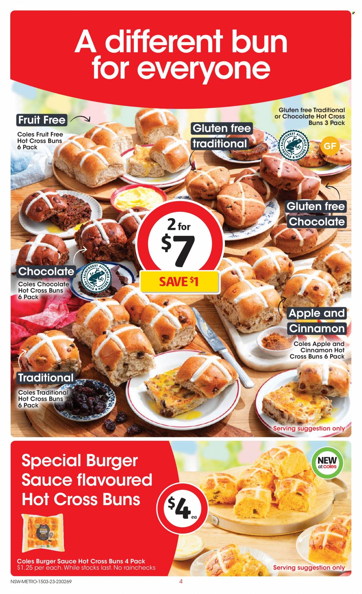 Coles Catalogue - 15 Mar 2023 - 21 Mar 2023 - Sales products - buns, sauce, chocolate, cinnamon, hot chocolate. Page 4.