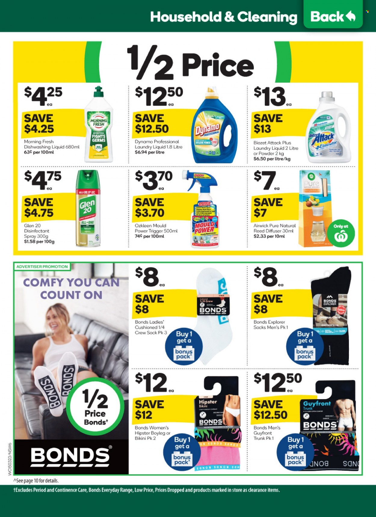 thumbnail - Woolworths Catalogue - 15 Mar 2023 - 21 Mar 2023 - Sales products - desinfection, laundry detergent, dishwashing liquid, antibacterial spray, diffuser, Air Wick, Bonds, socks, bikini. Page 6.