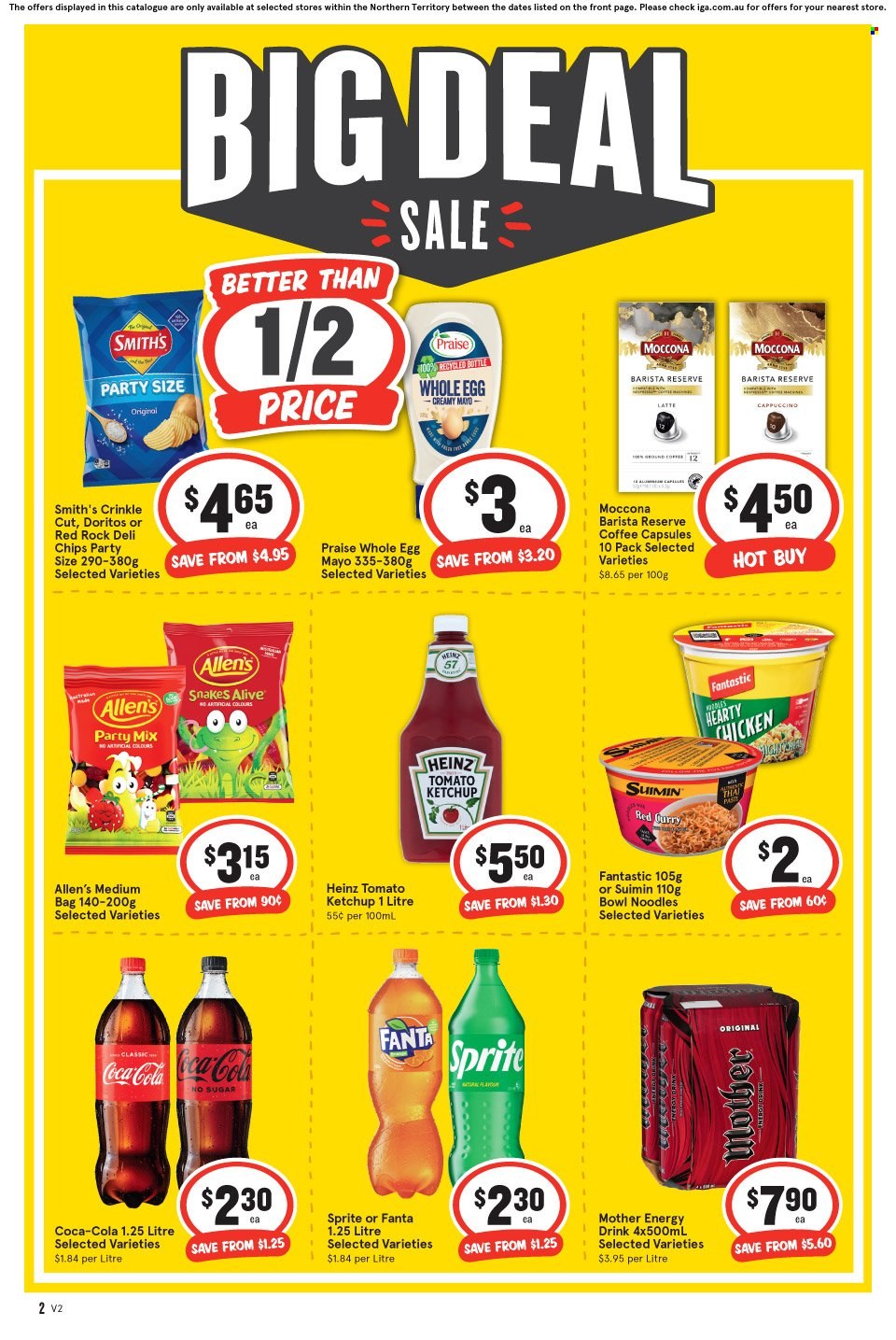 IGA Catalogue - 15 Mar 2023 - 21 Mar 2023 - Sales products - noodles, red curry, eggs, mayonnaise, Doritos, chips, Smith's, Heinz, ketchup, Coca-Cola, Sprite, energy drink, Fanta, cappuccino, coffee, Moccona, coffee capsules, bag, bowl. Page 3.