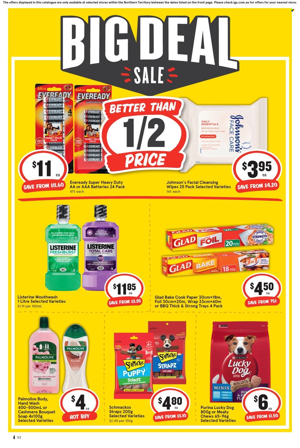 thumbnail - IGA Catalogue - 15 Mar 2023 - 21 Mar 2023 - Sales products - coconut, chewing gum, cleansing wipes, wipes, Johnson's, cleaner, hand wash, Palmolive, soap, Listerine, mouthwash, battery, AAA batteries, Eveready, animal treats, dog food, Purina, dog biscuits, Strapz, Schmackos. Page 5.