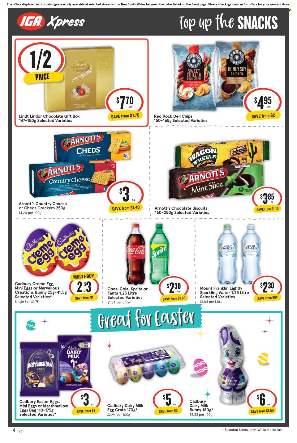 IGA Xpress Catalogue - 15 Mar 2023 - 21 Mar 2023 - Sales products - chocolate, snack, Lindt, Lindor, easter egg, crackers, biscuit, Cadbury, Dairy Milk, chips, honey, Coca-Cola, Sprite, Fanta, sparkling water, water, wagon. Page 5.