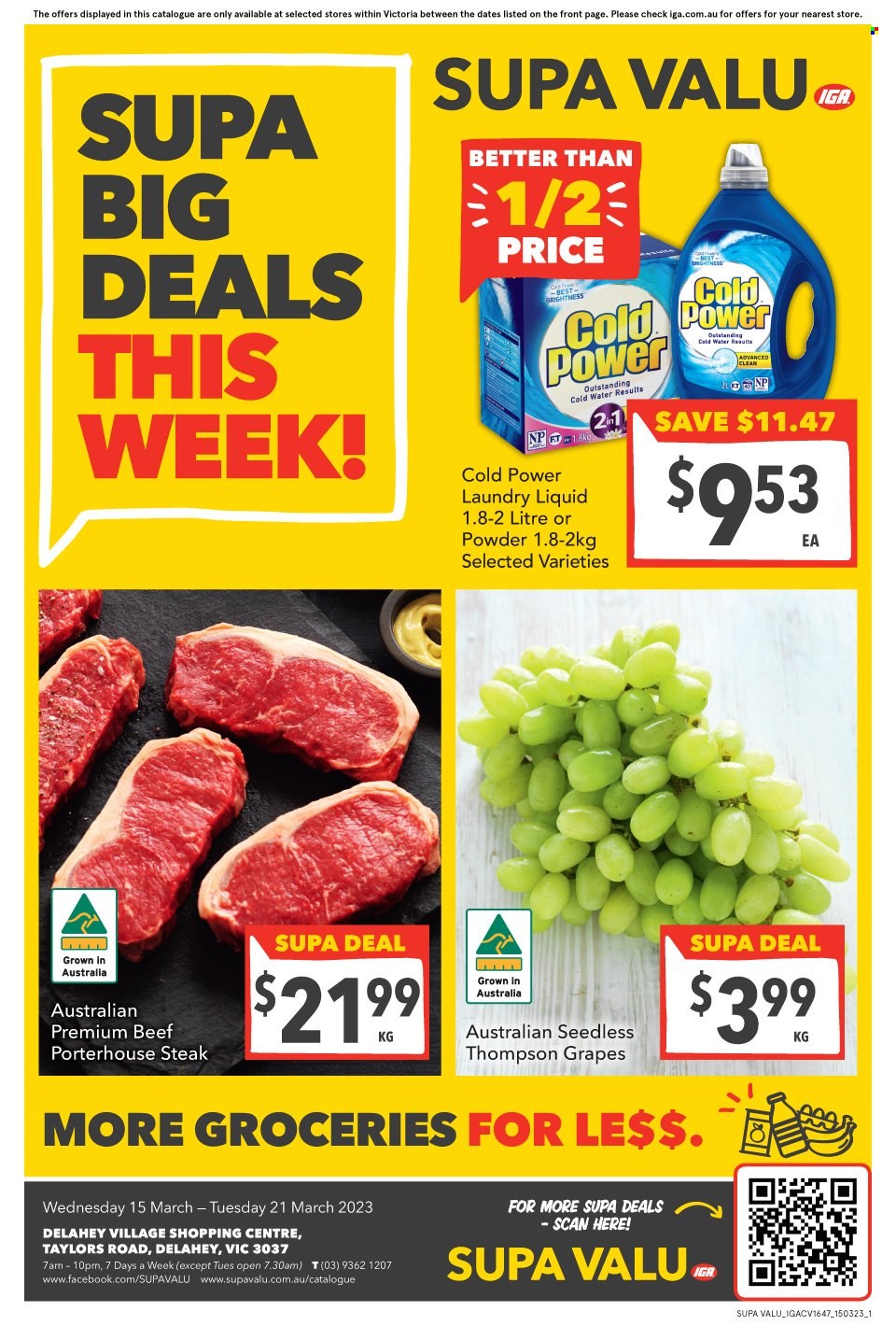 SUPA VALU Catalogue - 15 Mar 2023 - 21 Mar 2023 - Sales products - grapes, Victoria, water, steak, laundry detergent. Page 1.