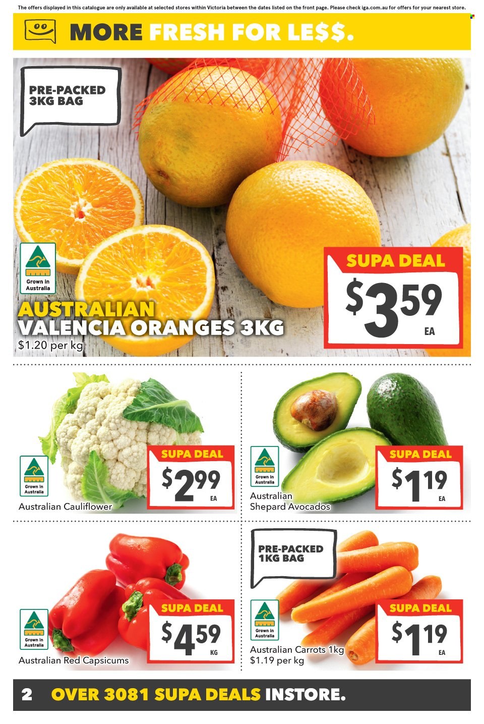 SUPA VALU Catalogue - 15 Mar 2023 - 21 Mar 2023 - Sales products - carrots, cauliflower, capsicum, avocado, orange, Victoria, bag. Page 3.