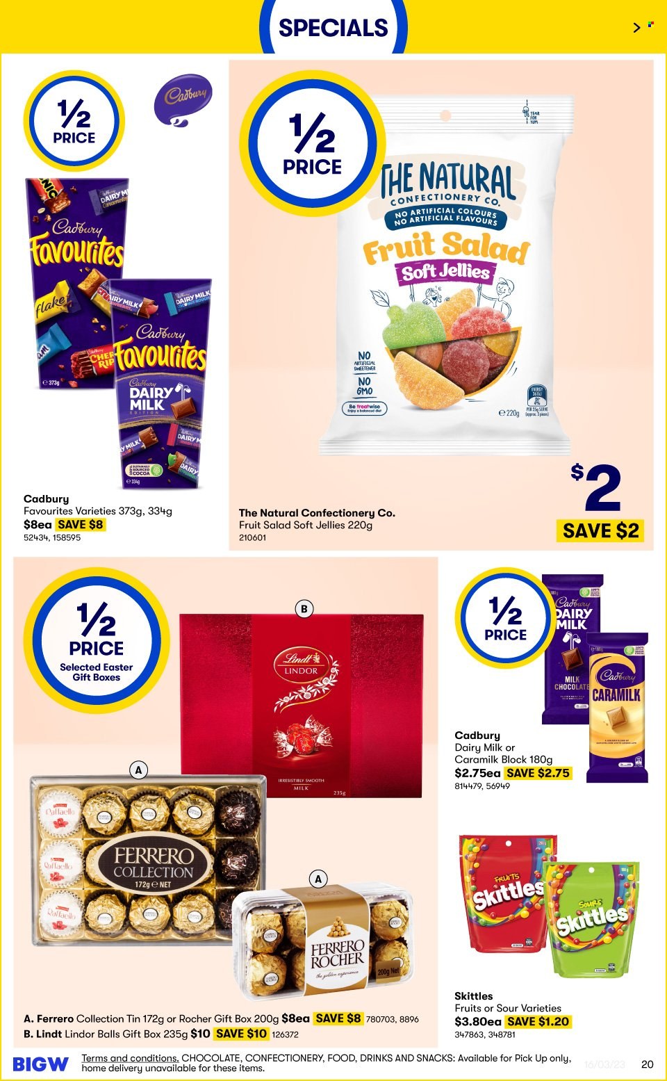 thumbnail - BIG W Catalogue - Sales products - milk chocolate, chocolate, Lindt, Lindor, Ferrero Rocher, Raffaello, Cadbury, Dairy Milk, Skittles, gift box. Page 20.