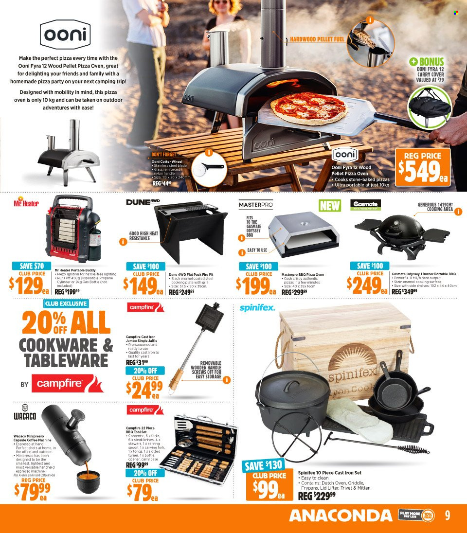 thumbnail - Anaconda Catalogue - 14 Mar 2023 - 31 Mar 2023 - Sales products - cookware set, fork, lid, spoon, tableware, bottle opener, cast iron dutch oven, Campfire, gas bottle, pellet gun, lighting, gas cylinder, fire bowl, portable barbecue. Page 9.