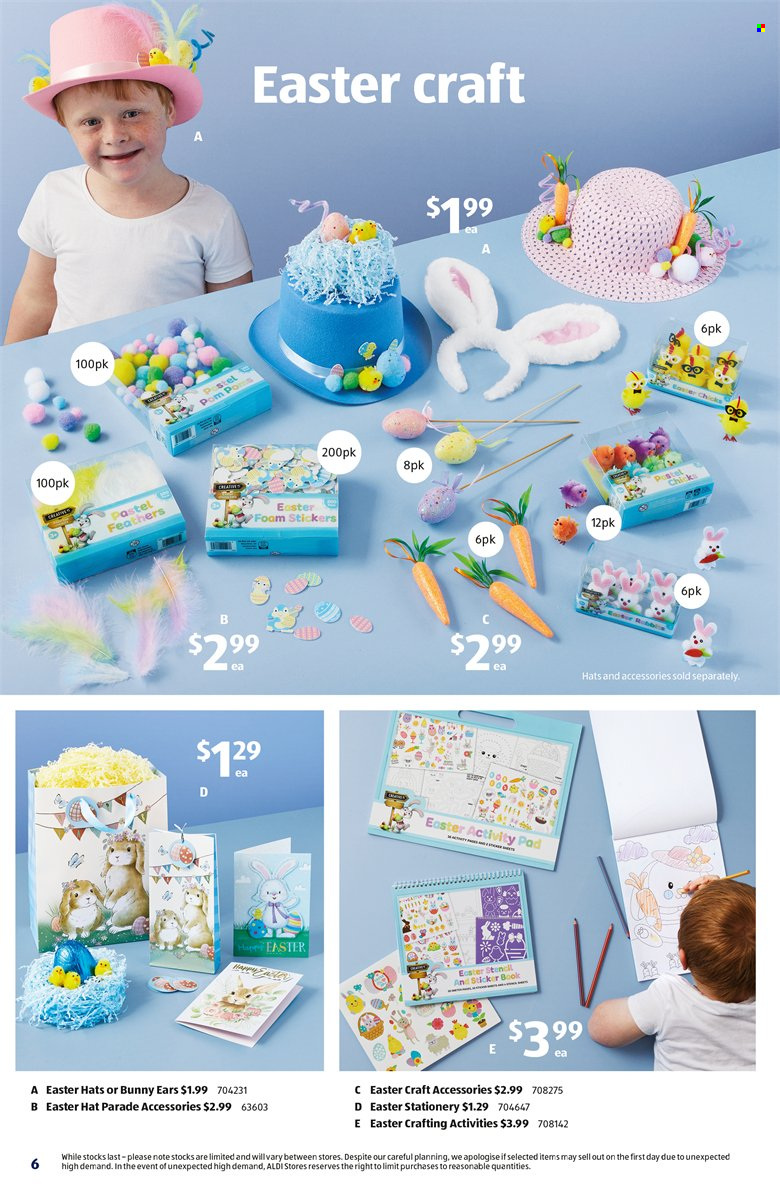 thumbnail - ALDI Catalogue - 22 Mar 2023 - 28 Mar 2023 - Sales products - sticker, book, hat, bunny ears, Pom Poms. Page 6.