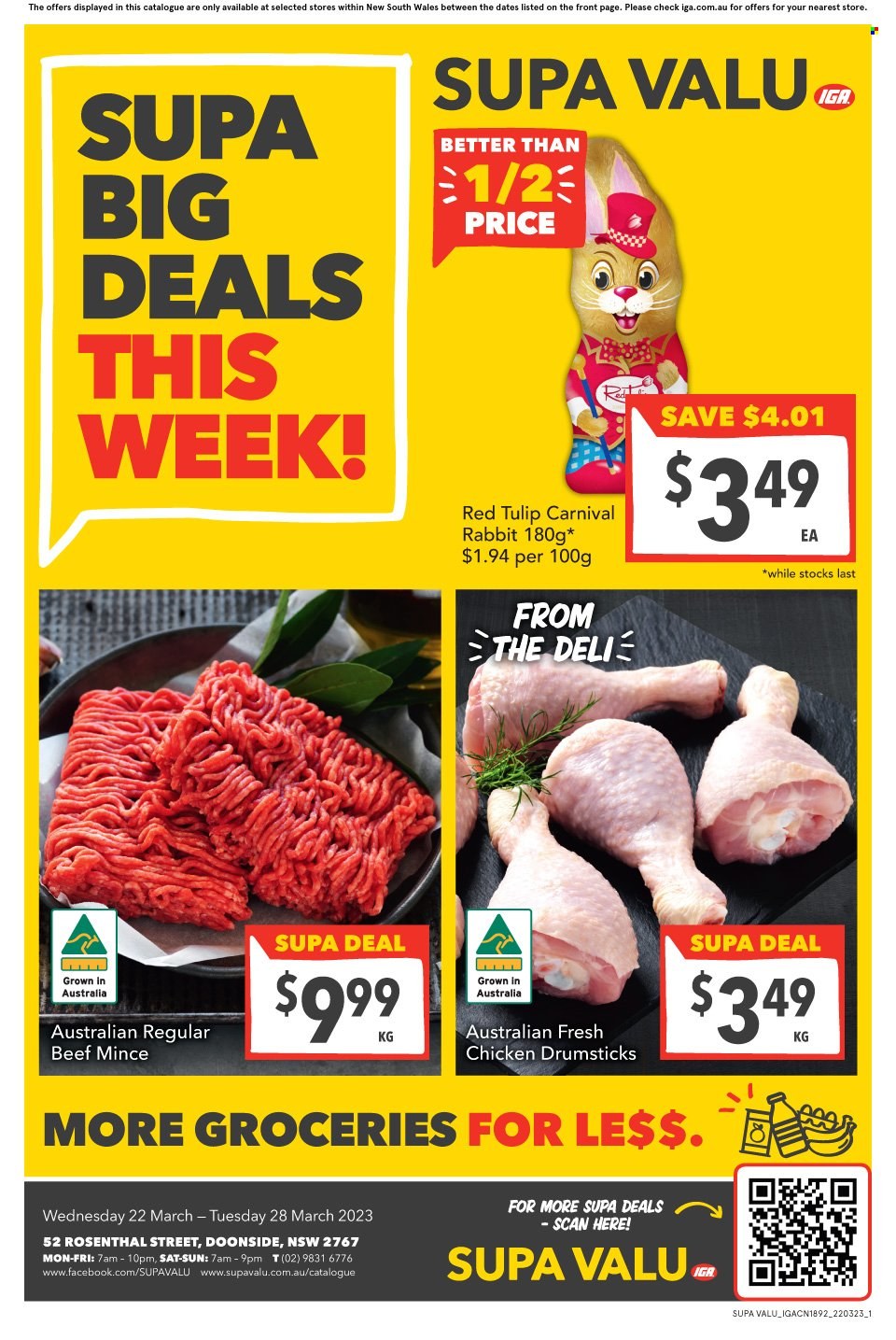 thumbnail - SUPA VALU Catalogue - 22 Mar 2023 - 28 Mar 2023 - Sales products - rabbit, chocolate rabbit, chicken drumsticks, chicken, beef meat, ground beef. Page 1.