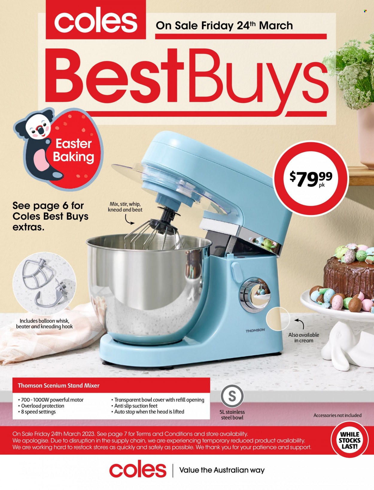 thumbnail - Coles Catalogue - 24 Mar 2023 - 30 Mar 2023 - Sales products - bowl, deco strips, balloons, Thomson, mixer, stand mixer. Page 1.