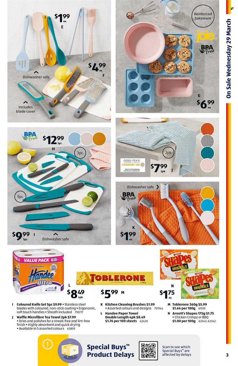 thumbnail - ALDI Catalogue - 29 Mar 2023 - 4 Apr 2023 - Sales products - Toblerone, chicken, Handee, paper towels, knife, bakeware, tea towels. Page 3.