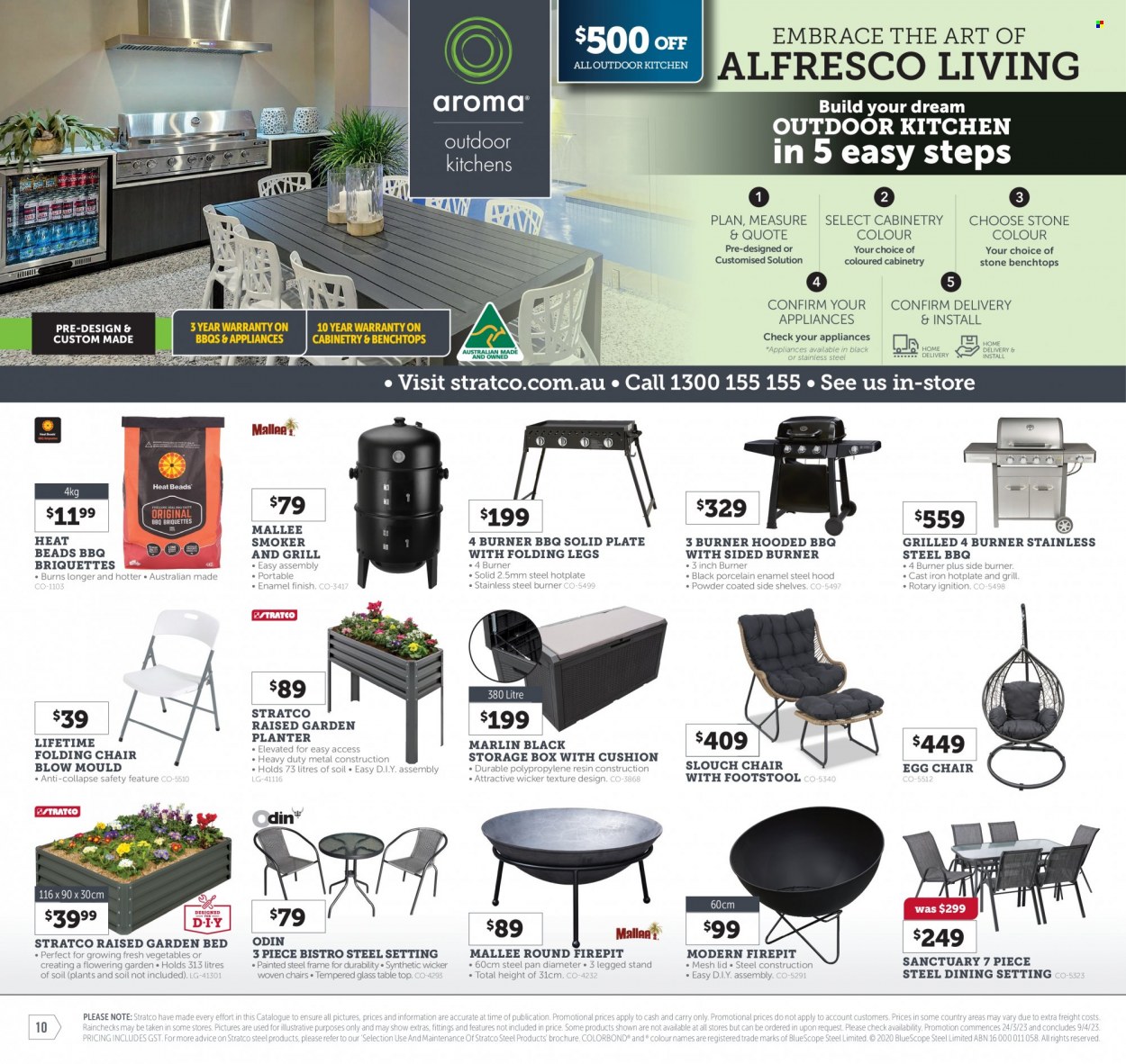thumbnail - Stratco Catalogue - 24 Mar 2023 - 9 Apr 2023 - Sales products - table, chair, folding chair, lid, plate, pan, LG, smoker, briquettes, plant pot, garden bed, garden storage box. Page 10.