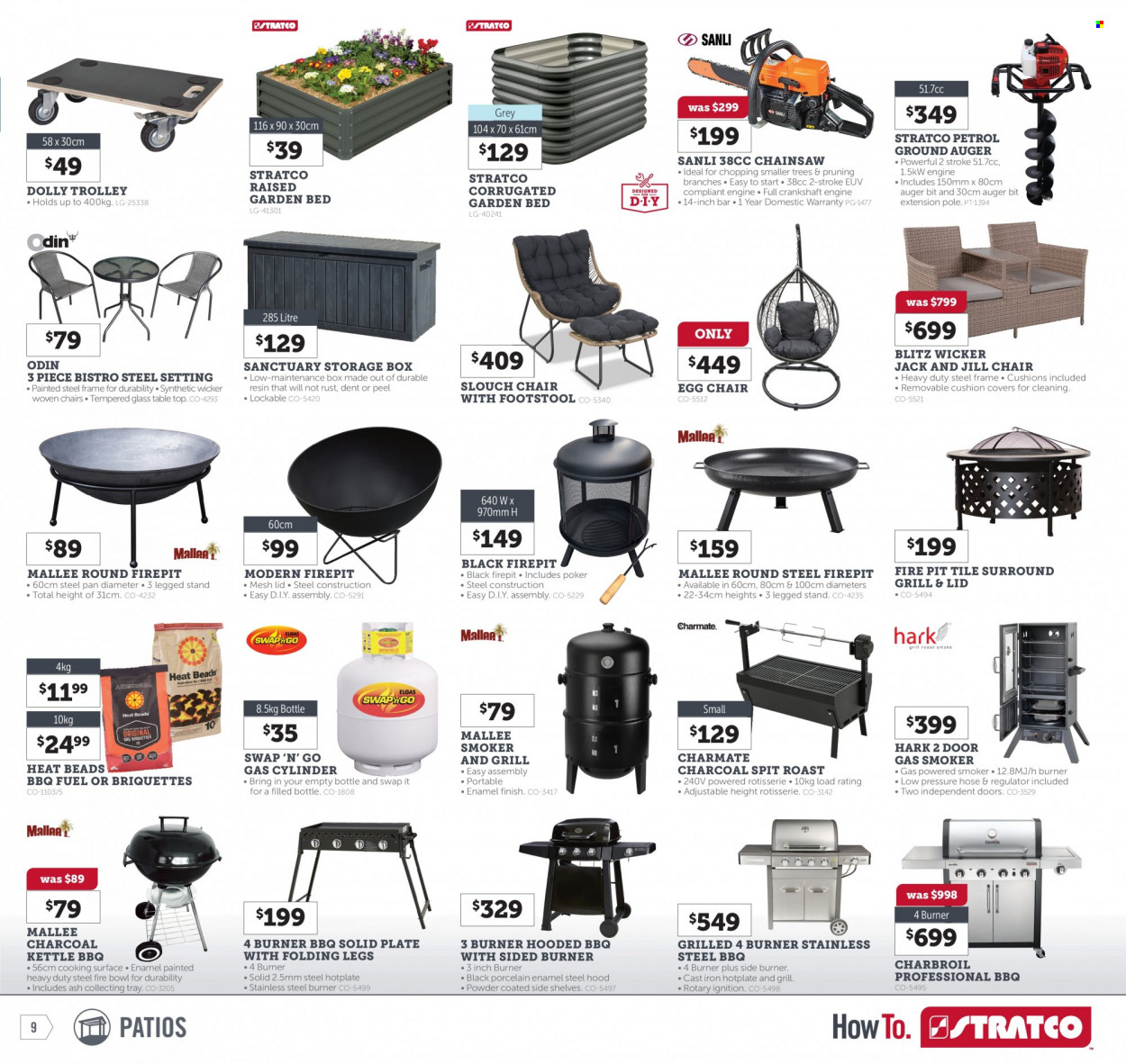 thumbnail - Stratco Catalogue - 24 Mar 2023 - 9 Apr 2023 - Sales products - table, chair, cushion, lid, plate, pan, LG, ground auger, chain saw, gas cylinder, smoker, briquettes, fire bowl, garden bed, garden storage box. Page 9.