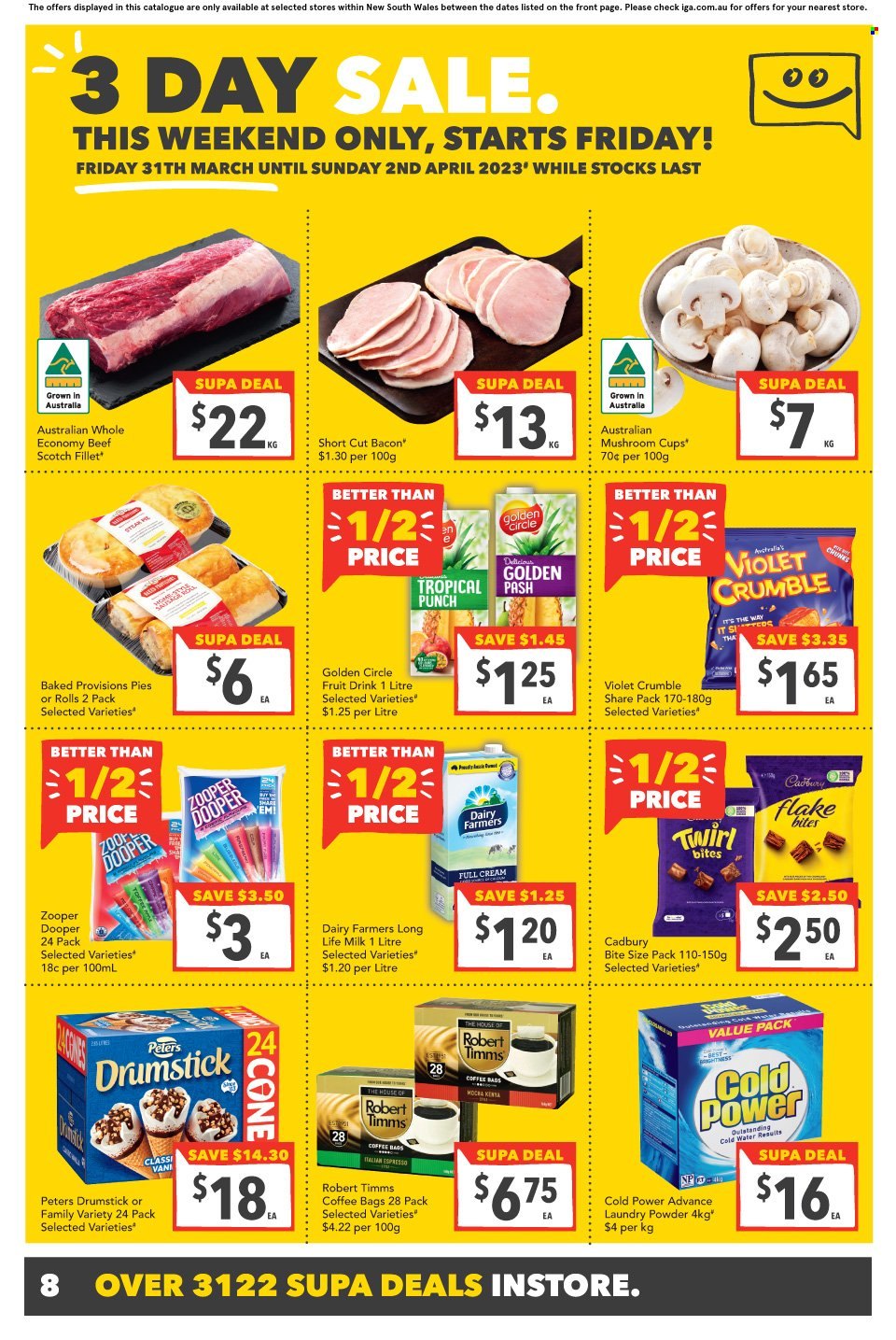 thumbnail - SUPA VALU Catalogue - 29 Mar 2023 - 4 Apr 2023 - Sales products - mushrooms, bacon, milk, long life milk, Zooper Dooper, Cadbury, fruit drink, water, coffee, punch, laundry powder, cup. Page 9.