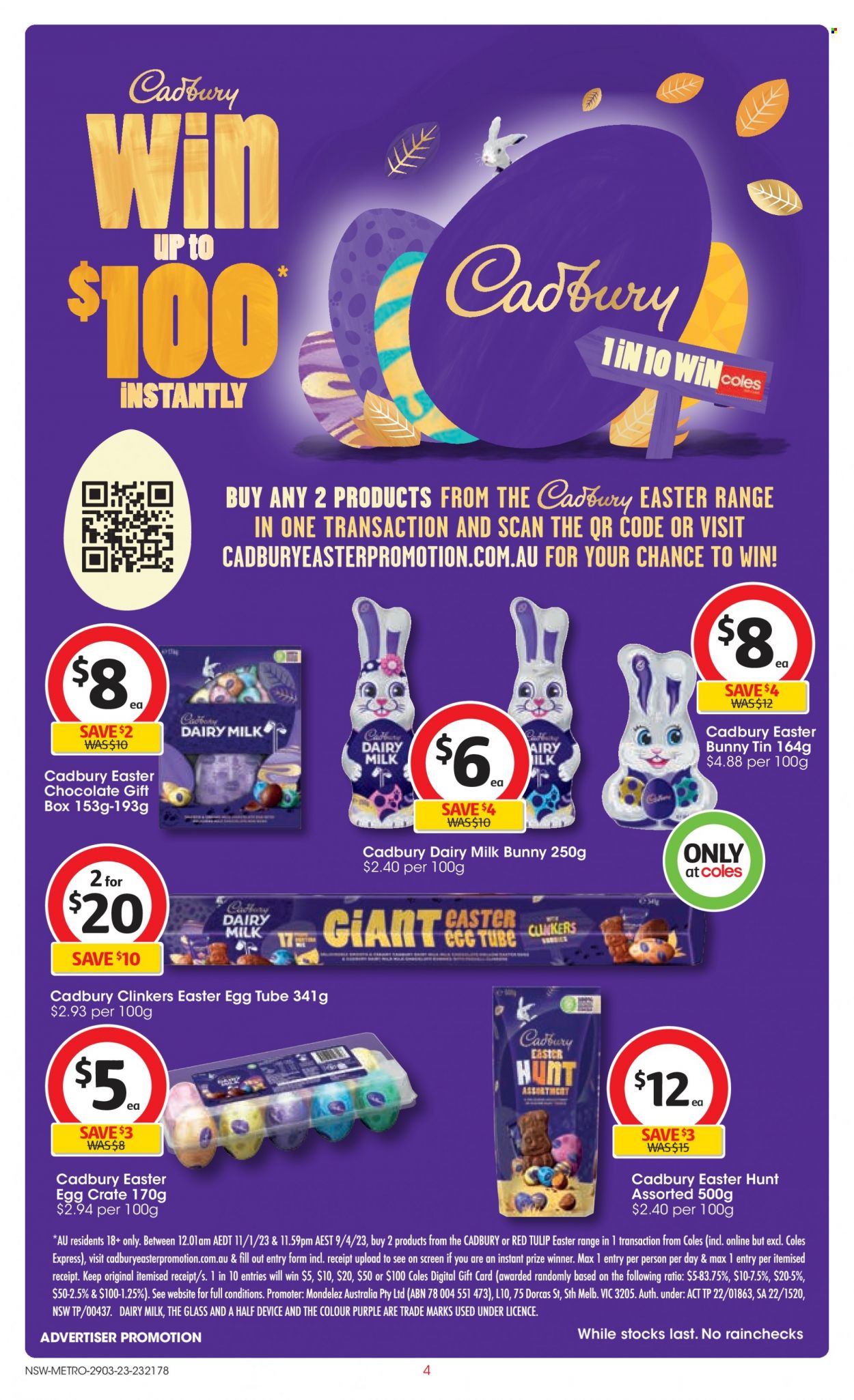thumbnail - Coles Catalogue - 29 Mar 2023 - 4 Apr 2023 - Sales products - egg tube, chocolate, easter egg, Cadbury, Dairy Milk, chocolate egg, easter bunny, tulip, red tulip. Page 4.
