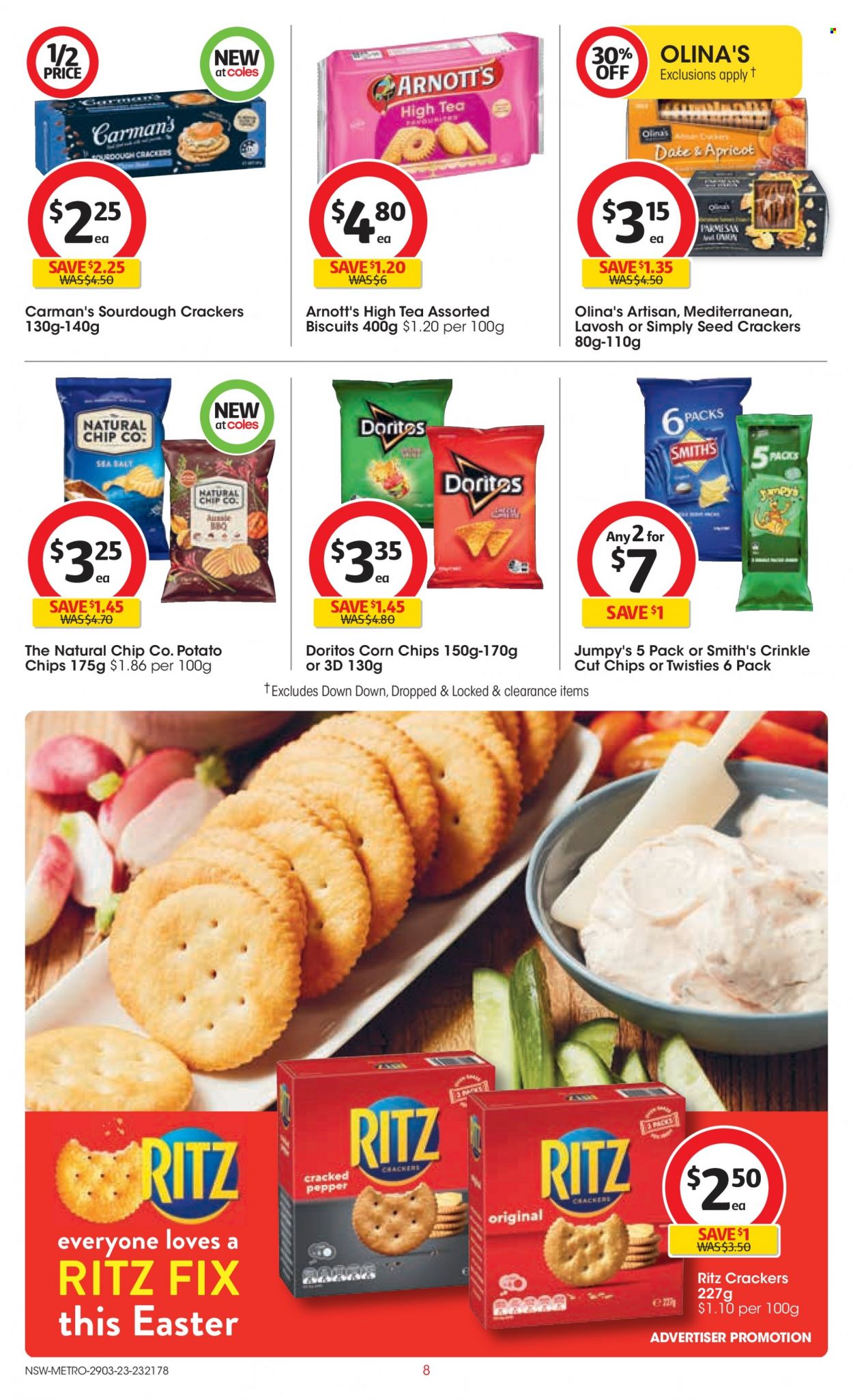 thumbnail - Coles Catalogue - 29 Mar 2023 - 4 Apr 2023 - Sales products - crackers, biscuit, RITZ, Doritos, potato chips, Smith's, corn chips, tea, Aussie, plant seeds. Page 8.