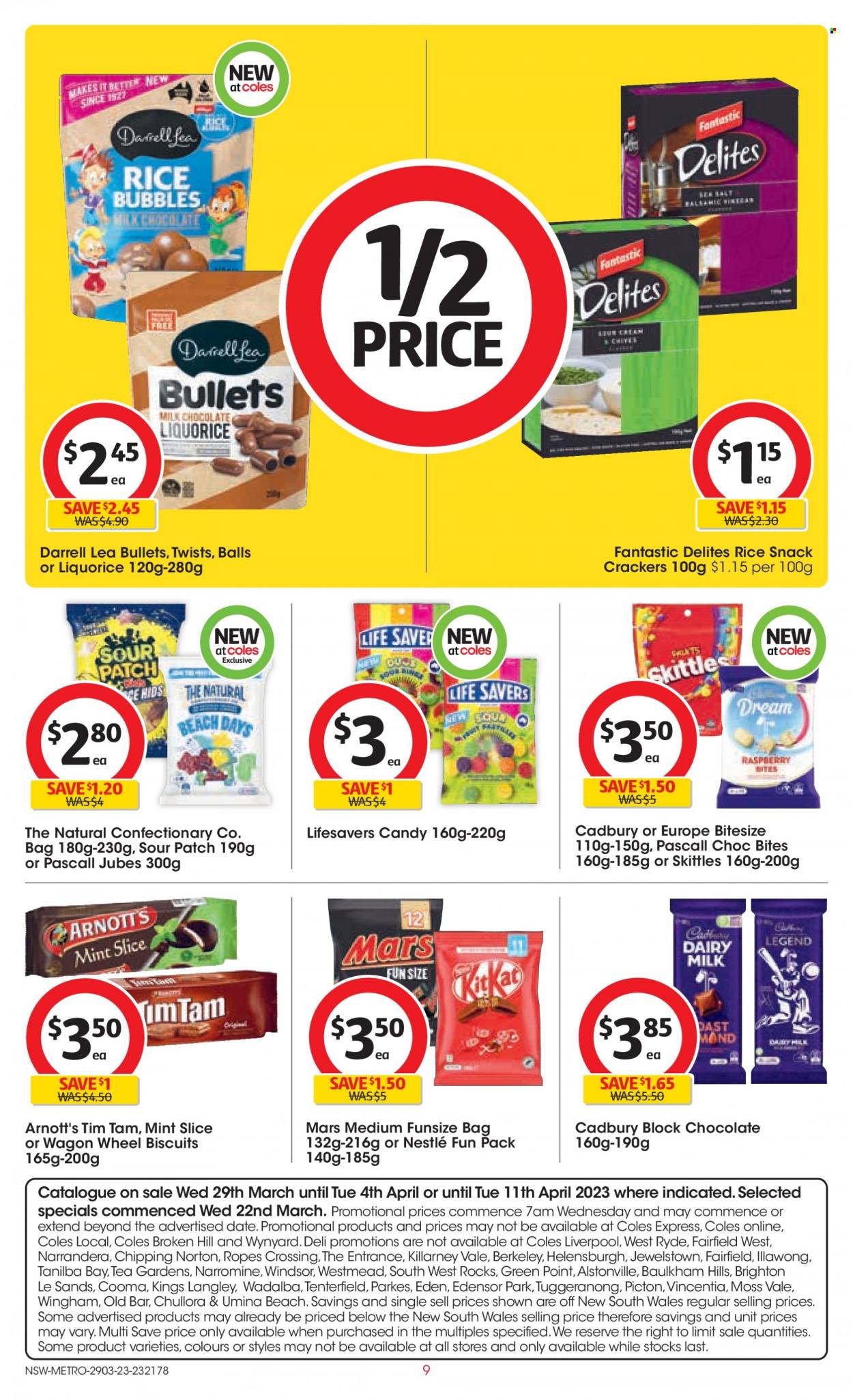 thumbnail - Coles Catalogue - 29 Mar 2023 - 4 Apr 2023 - Sales products - chives, milk chocolate, Nestlé, chocolate, snack, Mars, KitKat, crackers, Tim Tam, biscuit, Cadbury, Dairy Milk, Skittles, Sour Patch, Candy, tea, Hill's. Page 9.