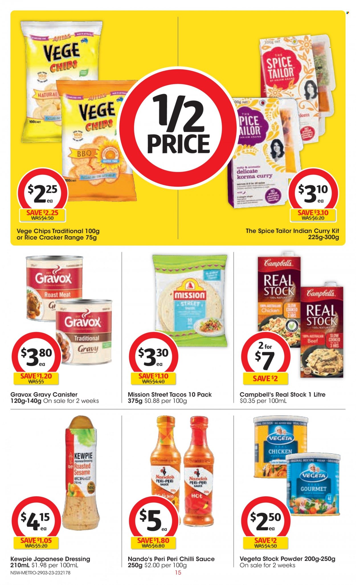 thumbnail - Coles Catalogue - 29 Mar 2023 - 4 Apr 2023 - Sales products - Campbell's, sauce, roast, crackers, chips, rice crackers, rice, spice, chilli sauce, dressing, chicken, canister. Page 15.