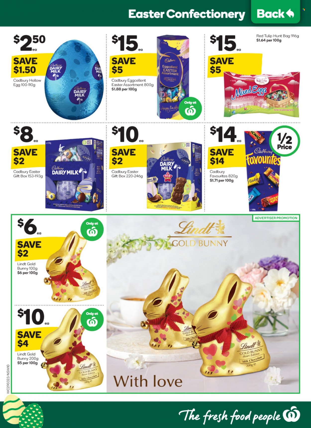 thumbnail - Woolworths Catalogue - 29 Mar 2023 - 4 Apr 2023 - Sales products - cherries, eggs, milk chocolate, chocolate, Lindt, Cadbury, Dairy Milk, gift box, tulip, red tulip. Page 10.