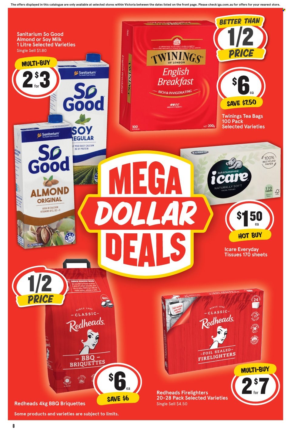 thumbnail - IGA Catalogue - 29 Mar 2023 - 4 Apr 2023 - Sales products - almond milk, soy milk, Victoria Sponge, tea bags, Twinings, tissues, facial tissues, firelighter. Page 9.