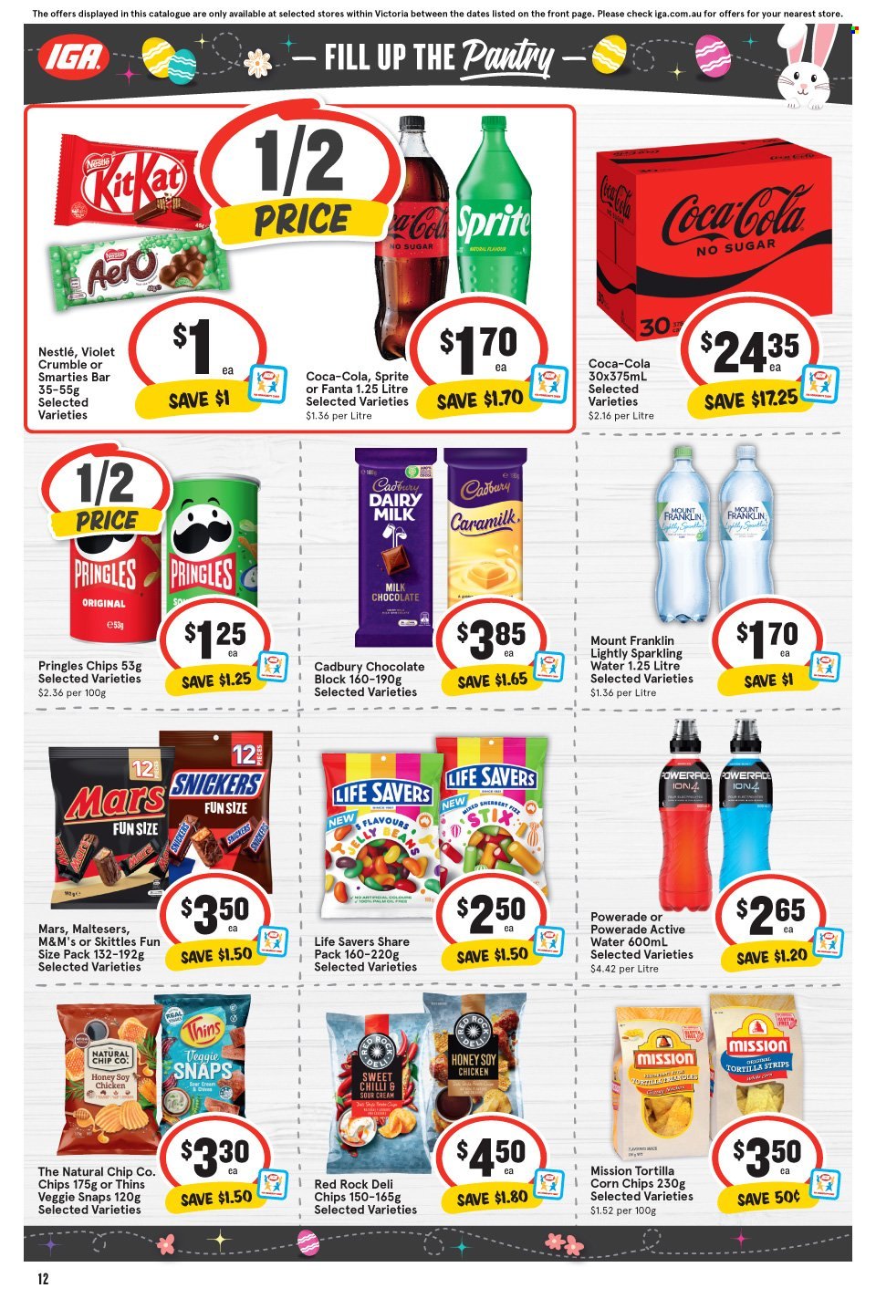 thumbnail - IGA Catalogue - 29 Mar 2023 - 4 Apr 2023 - Sales products - milk chocolate, Nestlé, chocolate, Snickers, Mars, M&M's, Smarties, Maltesers, Cadbury, Dairy Milk, Skittles, chocolate candies, chocolate bar, sweets, tortilla chips, Pringles, chips, Thins, corn chips, salty snack, Coca-Cola, Sprite, Powerade, energy drink, Fanta, soft drink, sparkling water, water, carbonated soft drink, chicken. Page 13.