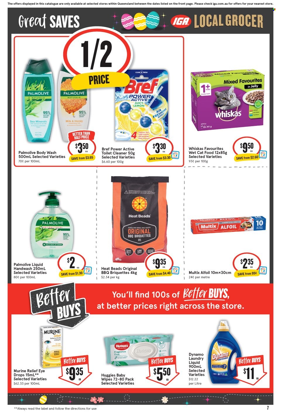 thumbnail - IGA Catalogue - 29 Mar 2023 - 4 Apr 2023 - Sales products - milk, honey, wipes, Huggies, baby wipes, cleaner, toilet cleaner, Bref Power, laundry detergent, body wash, hand wash, Palmolive, animal food, cat food, Whiskas, wet cat food, eye drops. Page 8.