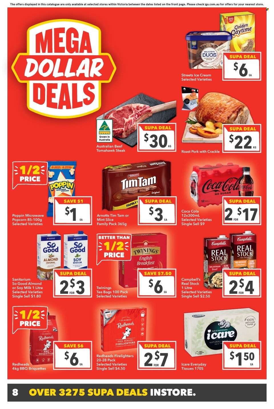 thumbnail - SUPA VALU Catalogue - 29 Mar 2023 - 4 Apr 2023 - Sales products - Campbell's, roast, soy milk, ice cream, Golden Gaytime, Tim Tam, Victoria Sponge, popcorn, Coca-Cola, tea bags, Twinings, chicken, beef meat, steak, tomahawk steak, tissues, firelighter. Page 9.
