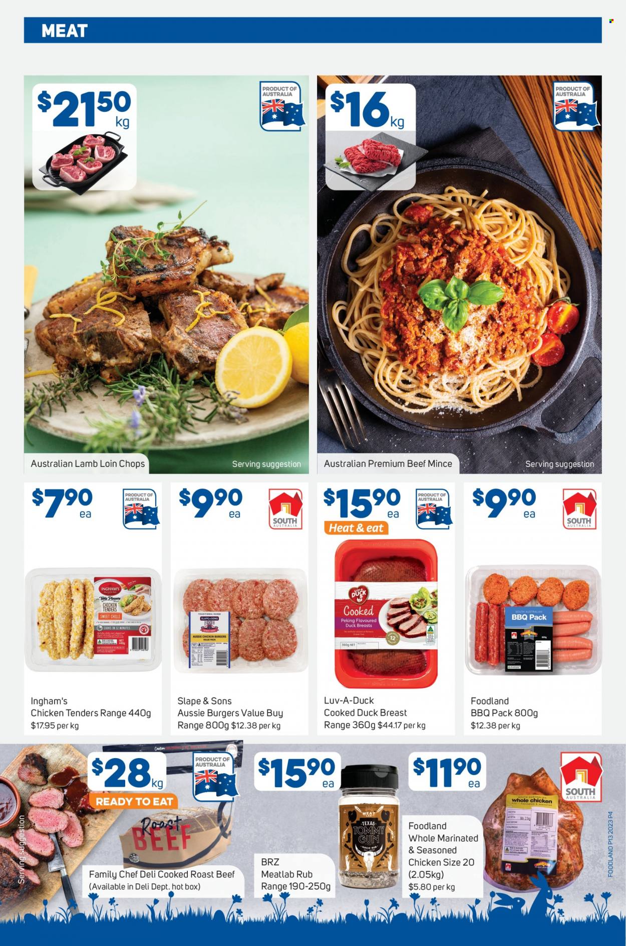 thumbnail - Foodland Catalogue - 29 Mar 2023 - 4 Apr 2023 - Sales products - chicken tenders, hamburger, BBQ pack, roast, whole chicken, duck meat, duck breasts, beef meat, ground beef, roast beef, lamb loin, lamb meat, Aussie. Page 4.