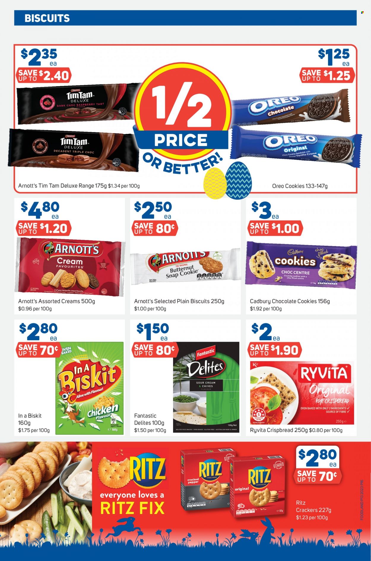 thumbnail - Foodland Catalogue - 29 Mar 2023 - 4 Apr 2023 - Sales products - rye crispbread, crispbread, butternut squash, chives, oranges, sandwich, Oreo, cookies, chocolate cookies, snack, crackers, Tim Tam, biscuit, Cadbury, RITZ, pepper, chicken. Page 16.