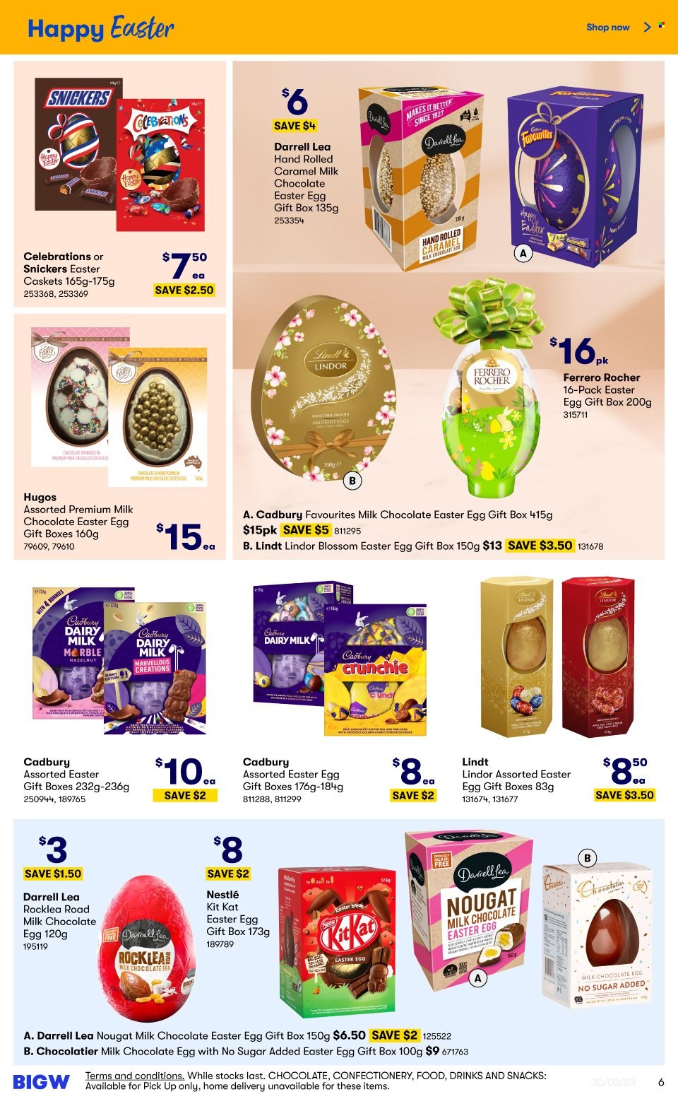 thumbnail - BIG W Catalogue - Sales products - milk chocolate, Nestlé, chocolate, Lindt, Lindor, Ferrero Rocher, Snickers, KitKat, nougat, easter egg, Celebration, Cadbury, Dairy Milk, gift box. Page 6.