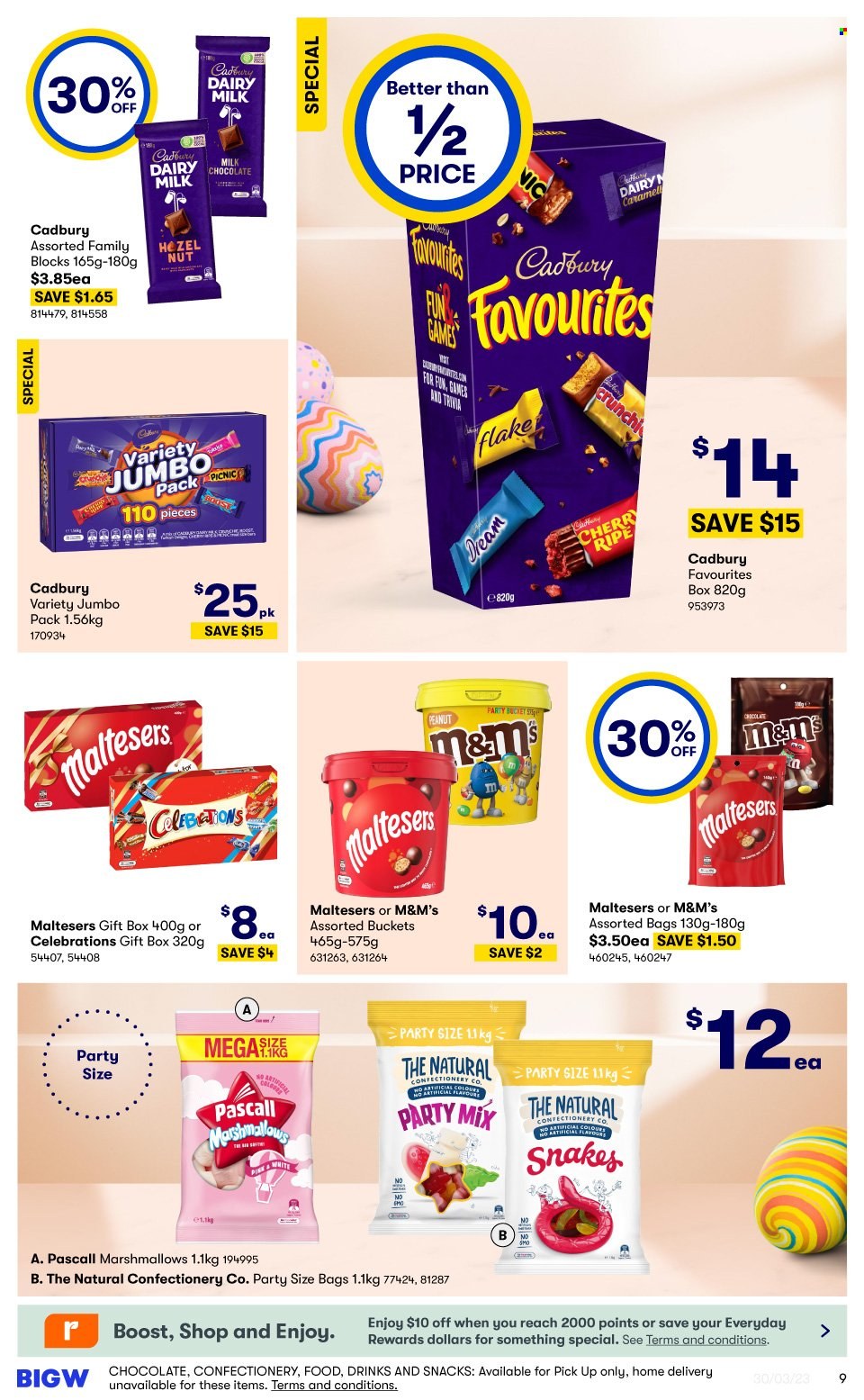 thumbnail - BIG W Catalogue - Sales products - milk chocolate, M&M's, marshmallows, Celebration, Maltesers, Cadbury, Dairy Milk, gift box. Page 9.