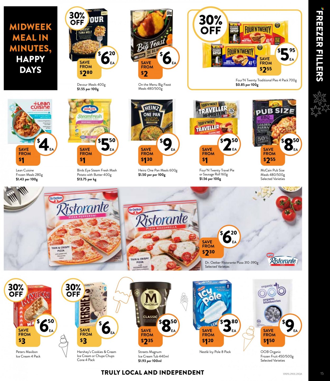 thumbnail - Foodworks Catalogue - 29 Mar 2023 - 4 Apr 2023 - Sales products - sausage rolls, pie, blueberries, tuna, pizza, Bird's Eye, Lean Cuisine, sausage, pepperoni, Dr. Oetker, Magnum, ice cream, Hershey's, organic frozen fruit, Devour, McCain, cookies, Nestlé, Heinz, wine, TRULY, pan. Page 15.