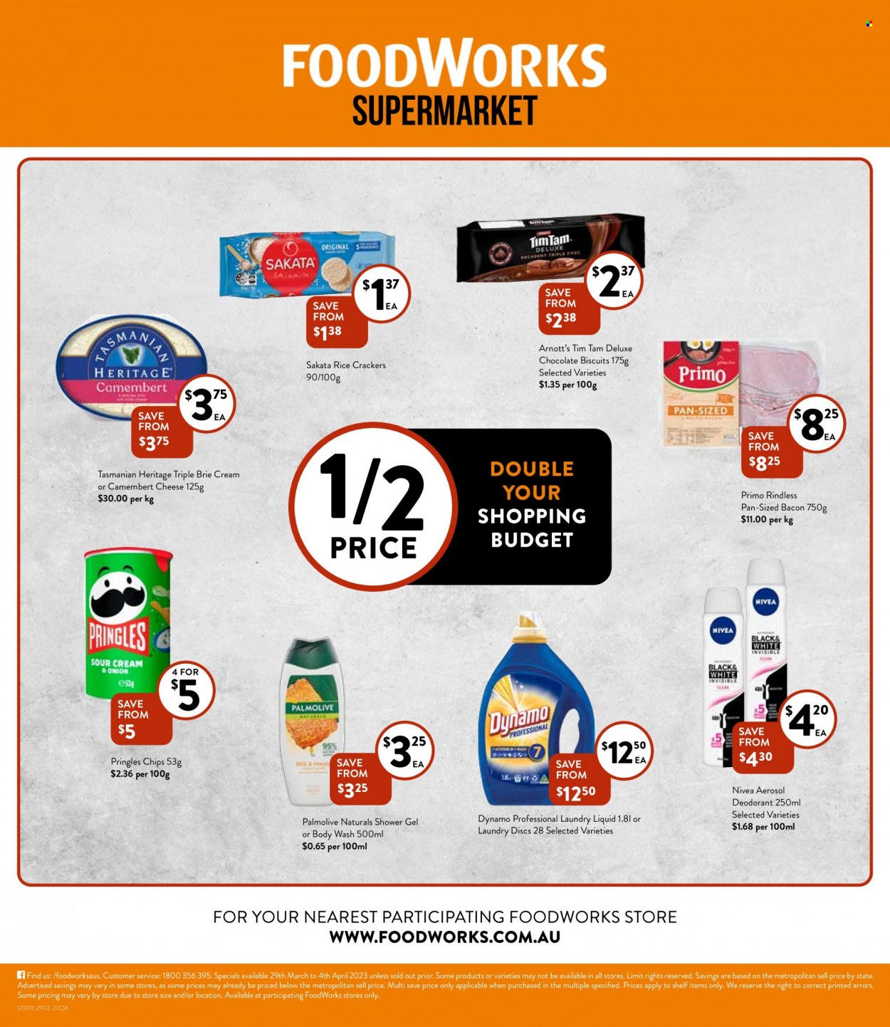 thumbnail - Foodworks Catalogue - 29 Mar 2023 - 4 Apr 2023 - Sales products - bacon, camembert, brie, Tasmanian Heritage, chocolate, crackers, Tim Tam, biscuit, Pringles, chips, Sakata, rice crackers, Nivea, laundry detergent, body wash, shower gel, Palmolive, anti-perspirant, deodorant, pan. Page 20.